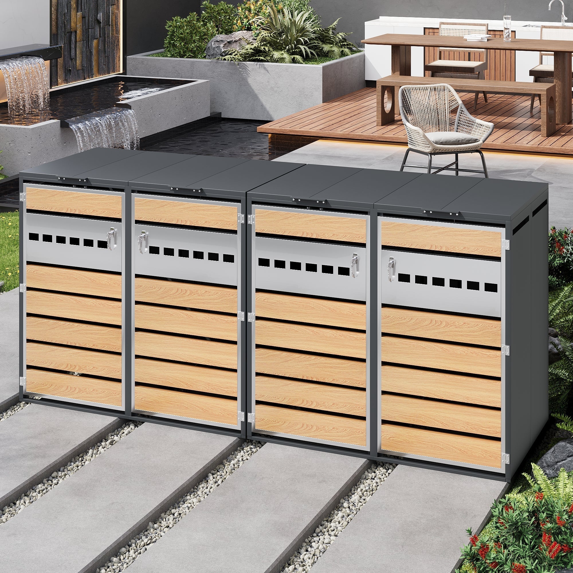 Bin Storage Box with Hinged Lid, Lockable and Four Doors, Horizontal Wood Grain Blocks