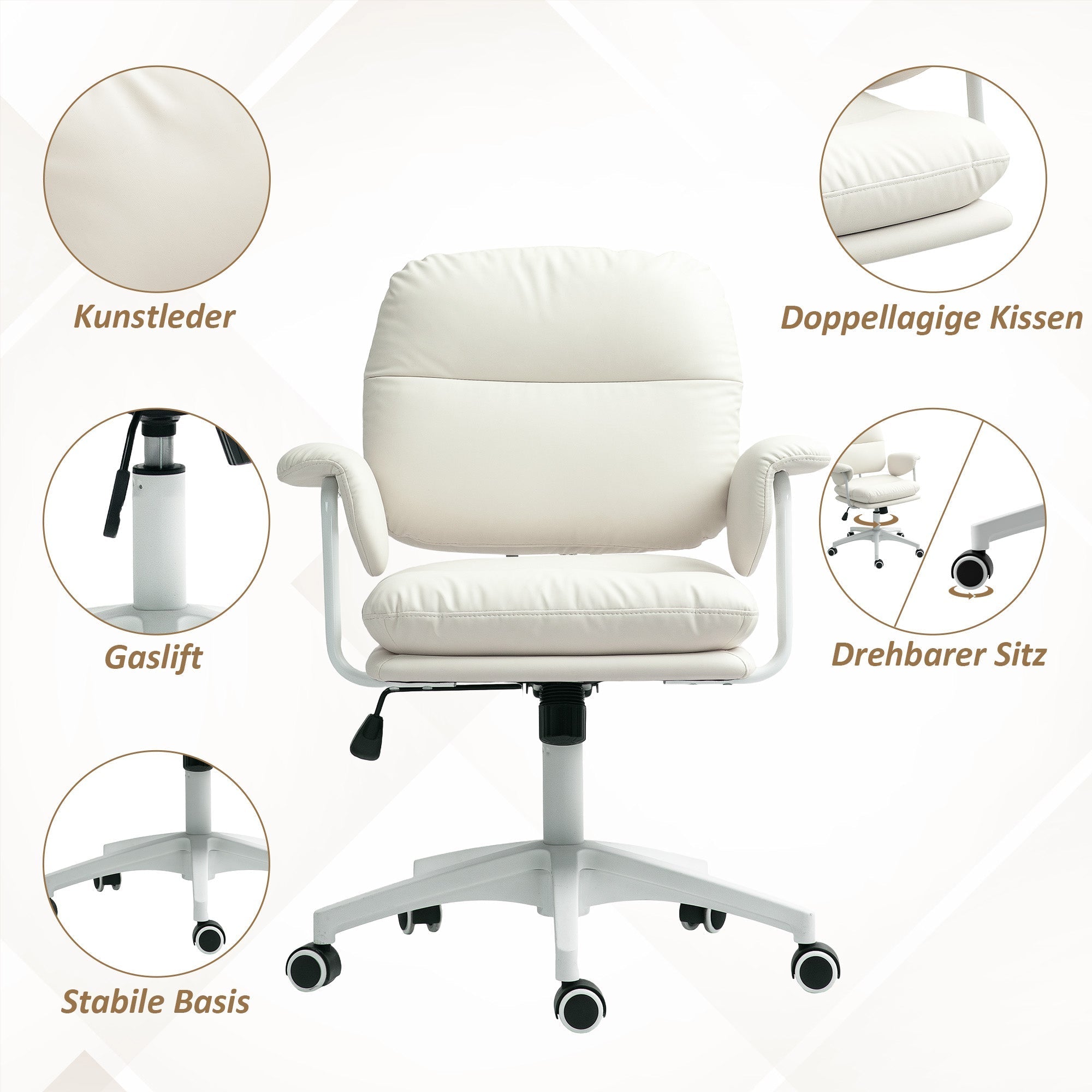 Office Chair Swivel Height-Adjustable Footrest 120kg, Faux Leather White