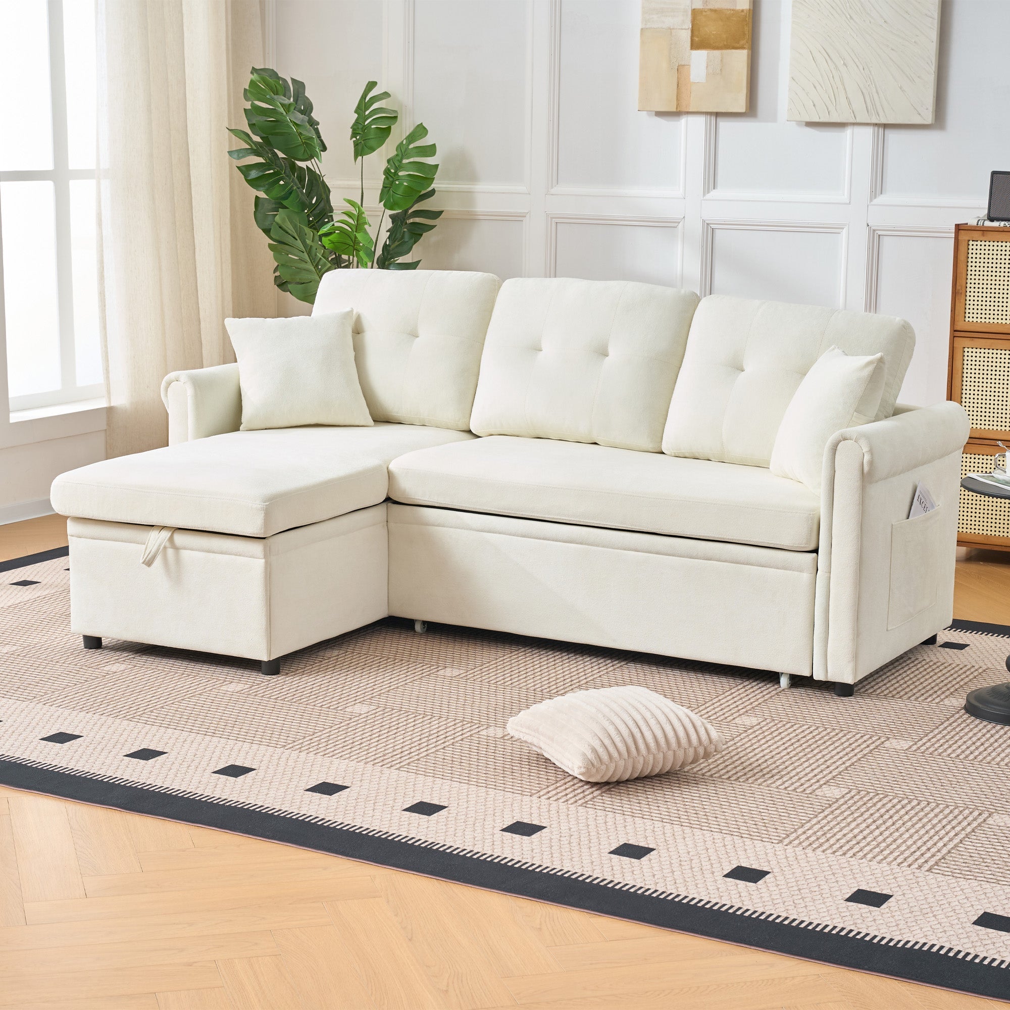 Corner Sofa L-Shape Storage Sleeping Function Reversible - Chenille Beige