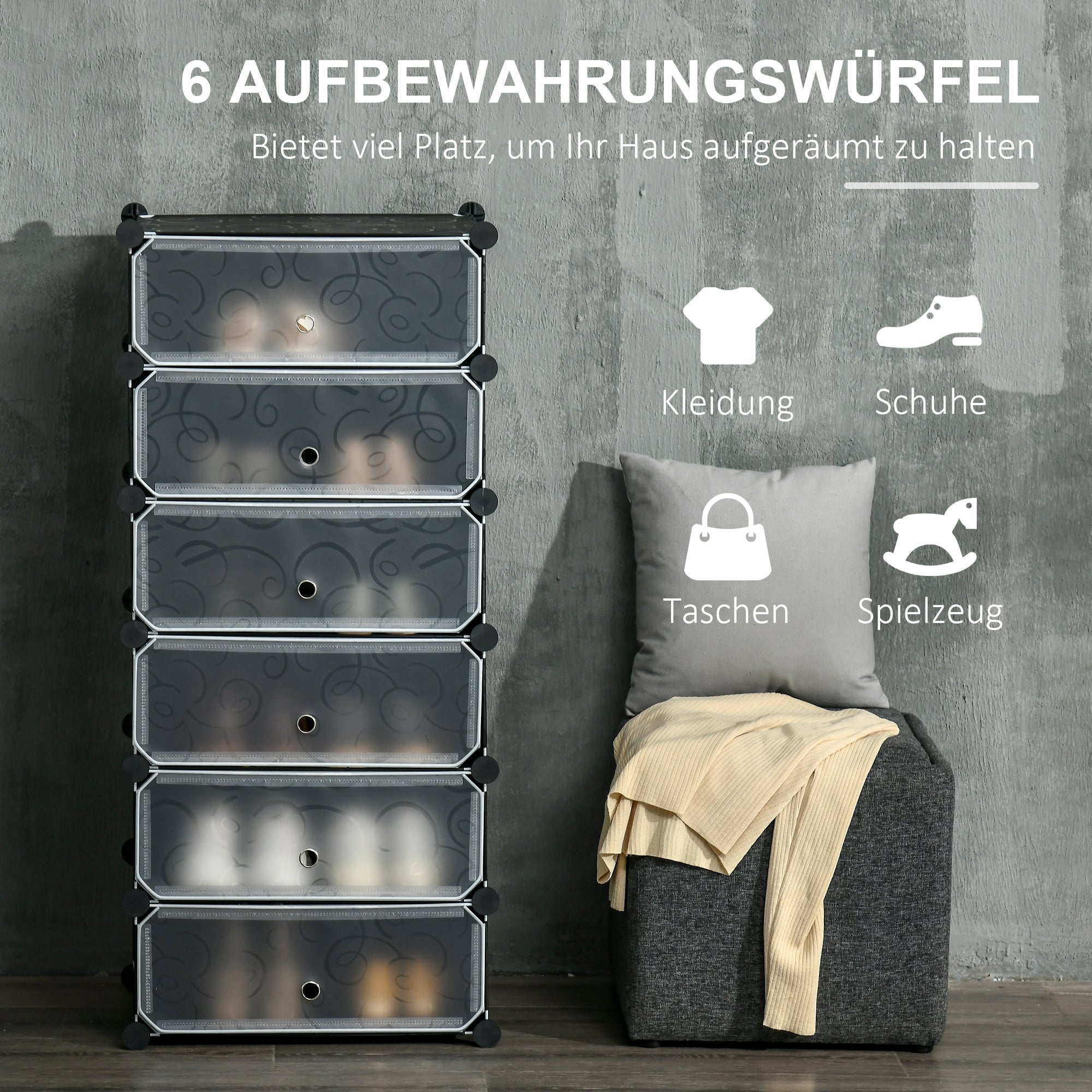 Schuhregal Aufbewahrungsbox, DIY-Regaleinheit für 6 Paar, Kunststoff/Stahl, Schwarz+Weiß