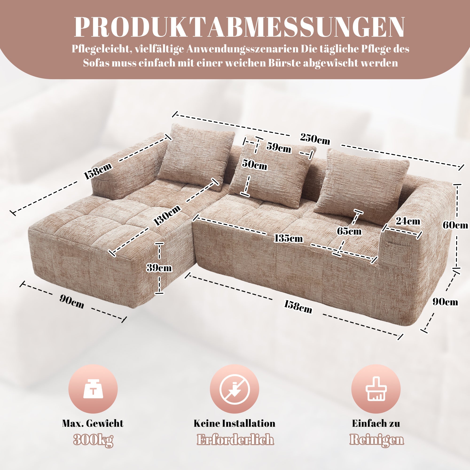 Modern Sectional Sofa L-Shaped 3-Seater Chaise Lounge Chenille Khaki