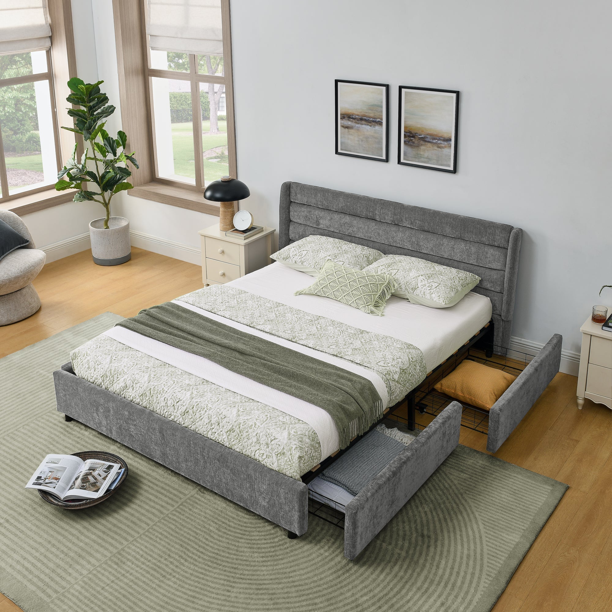 Double Bed 140x200cm 4 Storage Drawers - Dark Grey Chenille