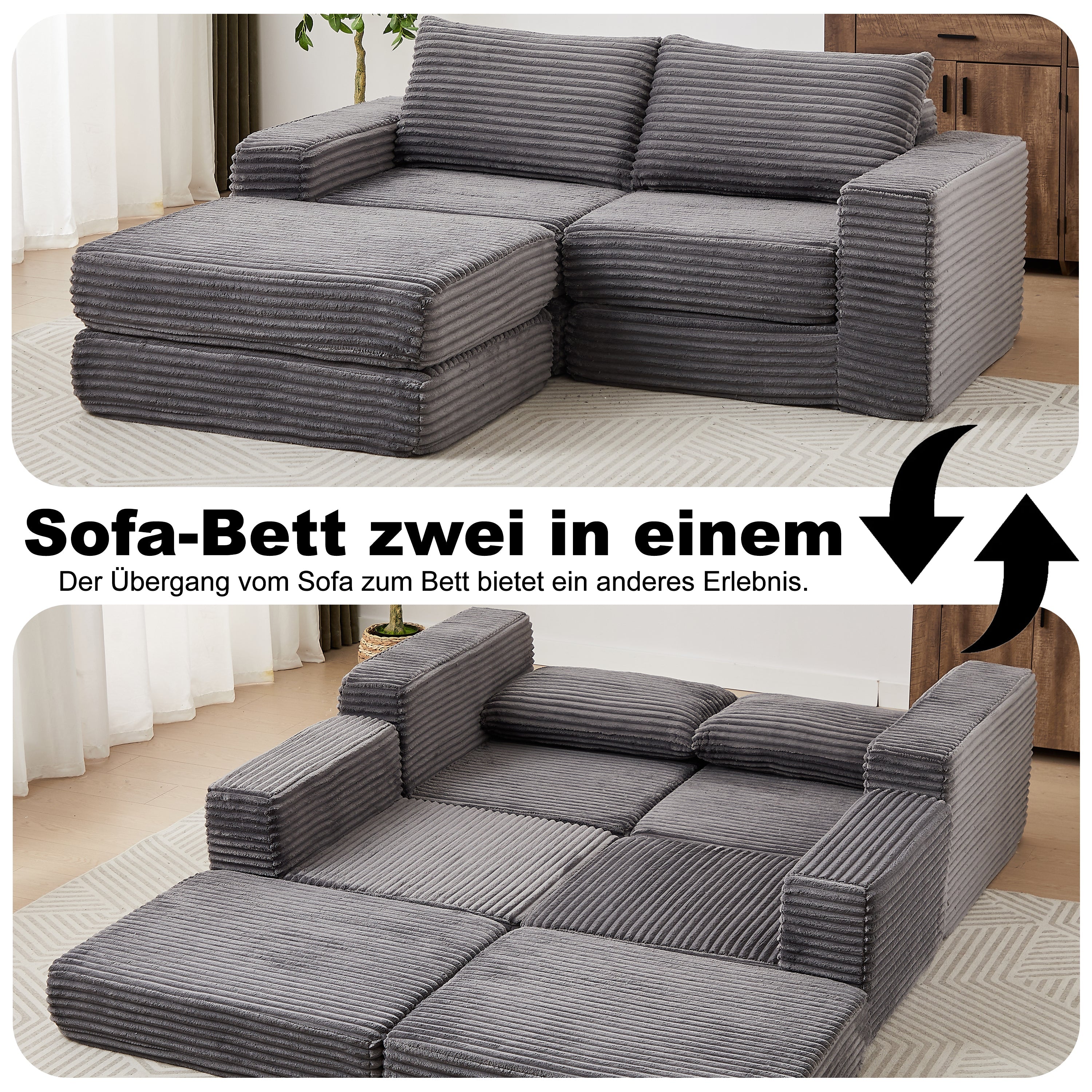 Sofa Bed 2-in-1 Modular with Removable Footstool Corduroy
