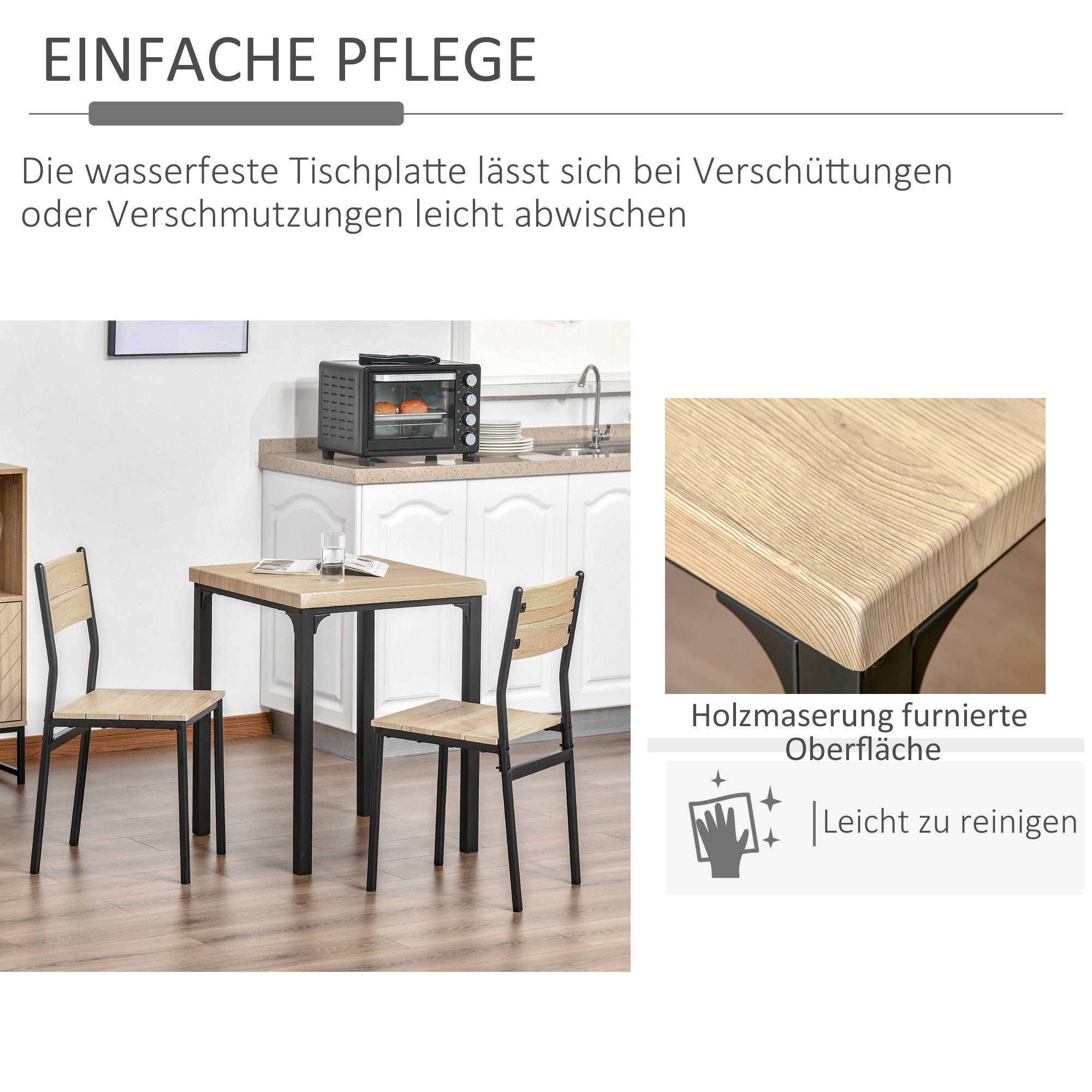 Dining Table Set, 3-Piece 1 Table 2 Chairs, Natural Wood Grain/Black