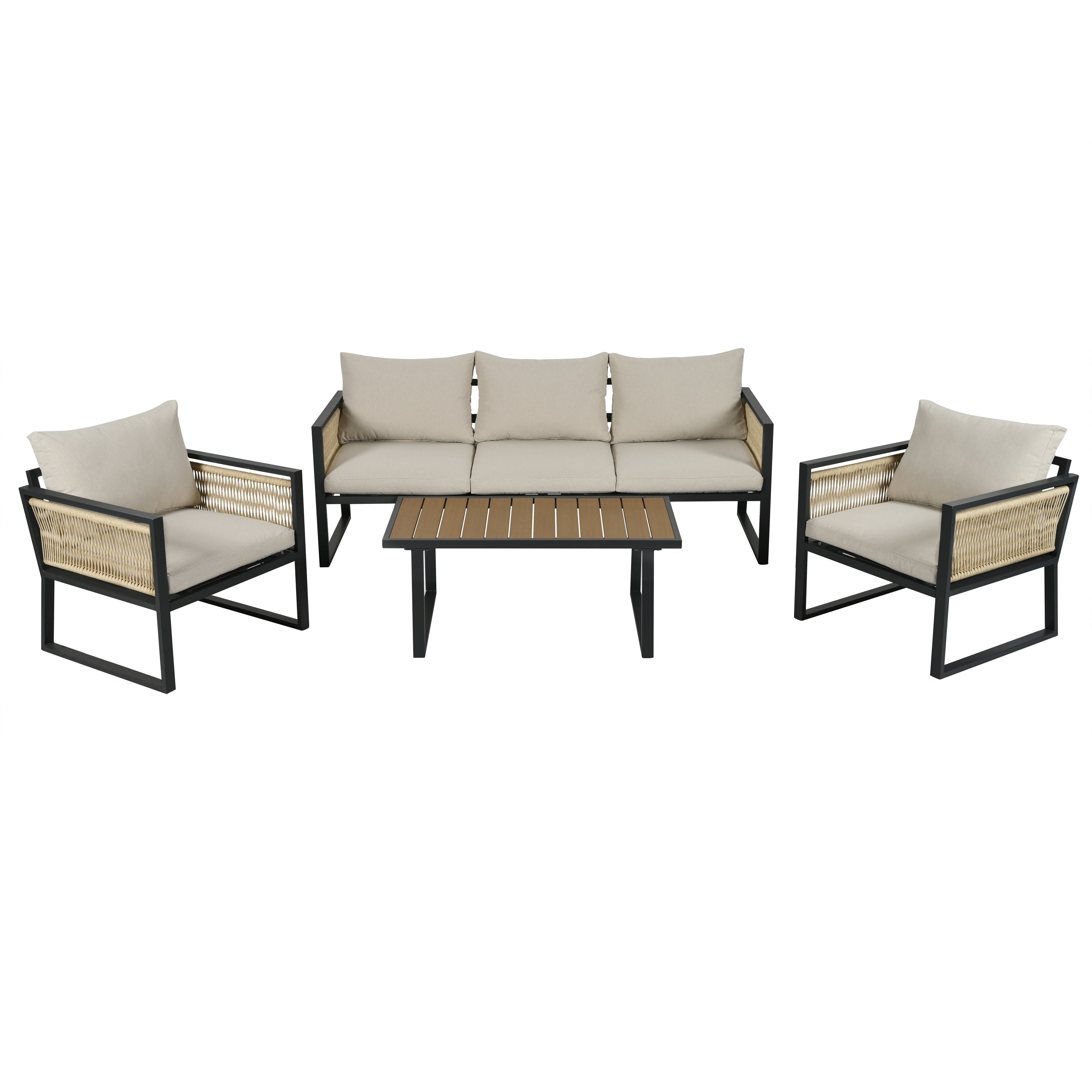 4-Piece Garden Lounge Set with 3-Seater Sofa, Armchairs and Coffee Table, Beige Wood Look and Galvanized Steel