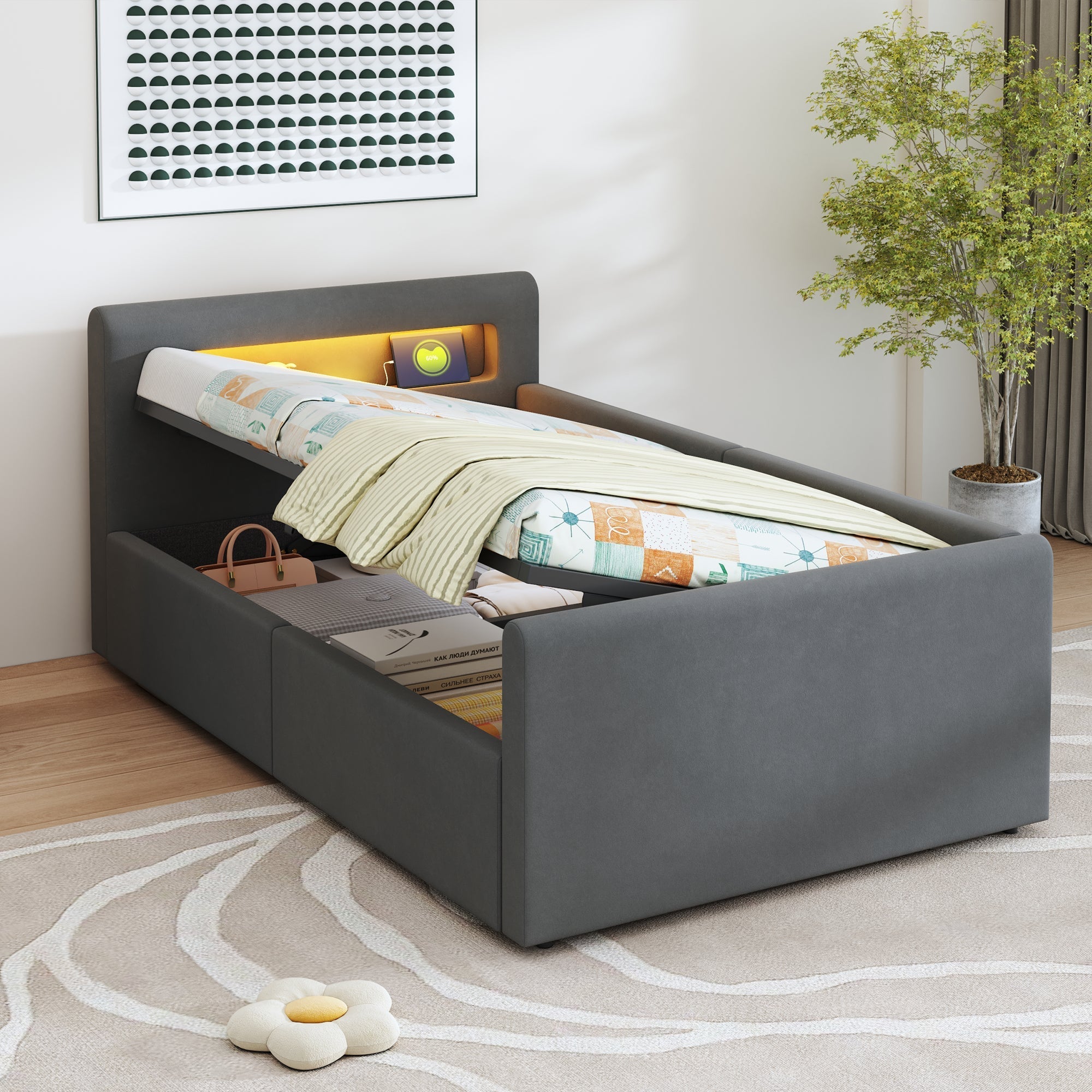 Upholstered Children's Bed 90x200cm LED Night Light USB Hydraulic Storage Velvet Dark Grey
