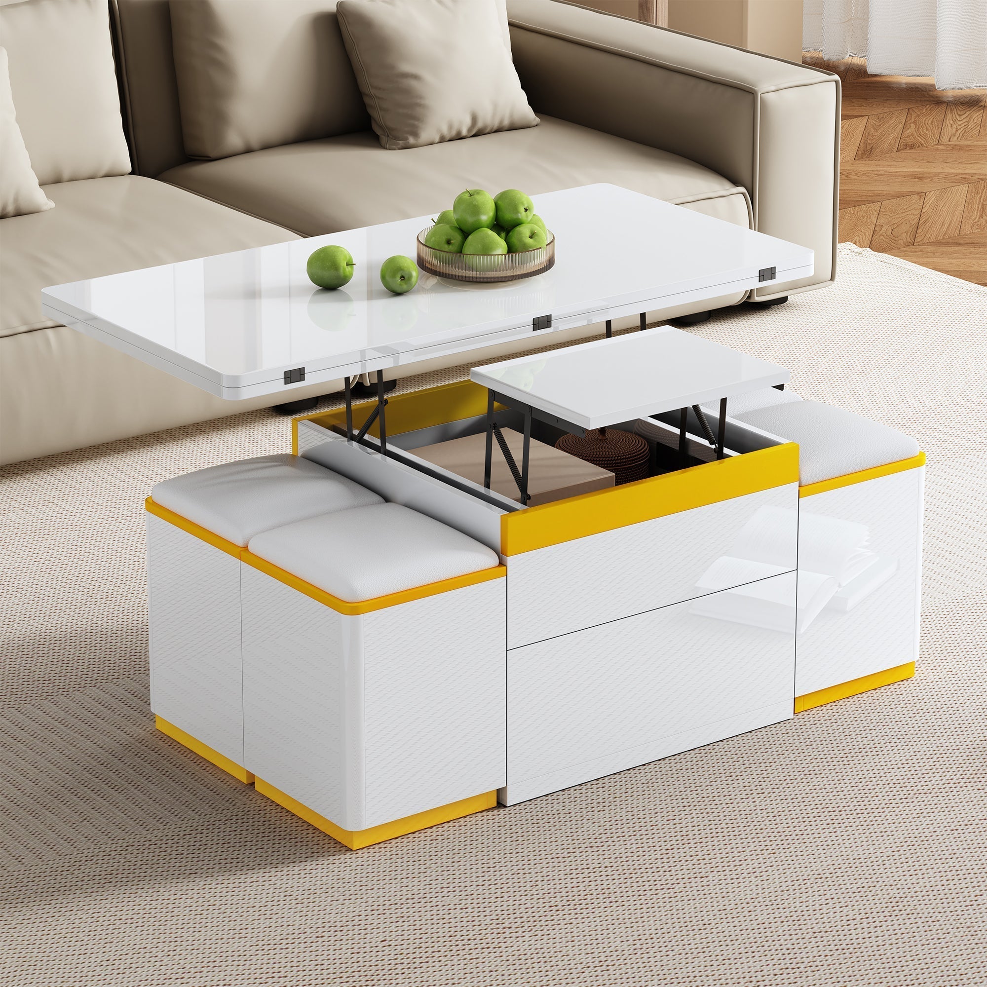 Coffee Table Multifunctional High-Gloss Adjustable Foldable Dining 100x50x43cm - White