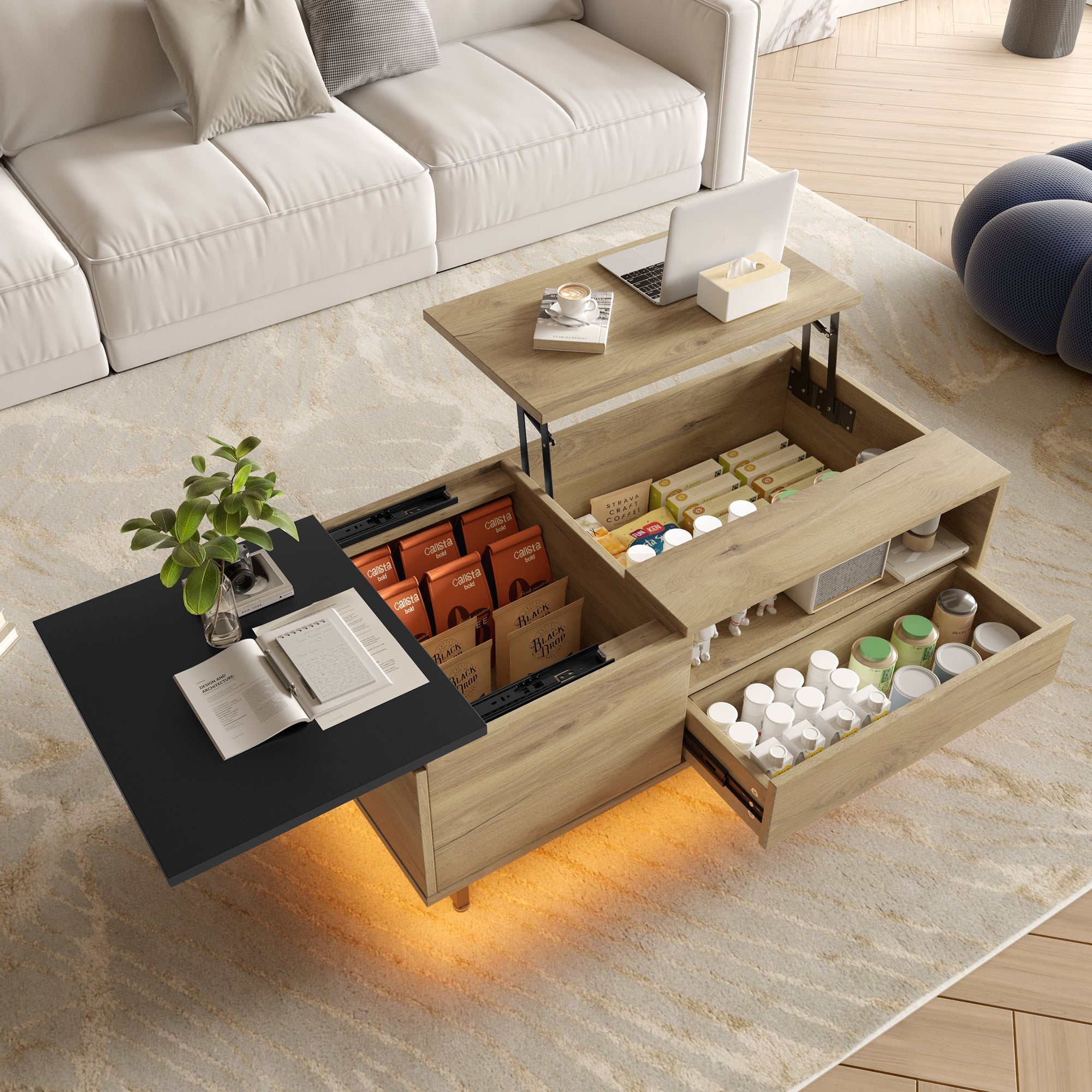 Cabinet: Height-Adjustable with LED Light, Drawers & Compartments, Customizable for Living Rooms