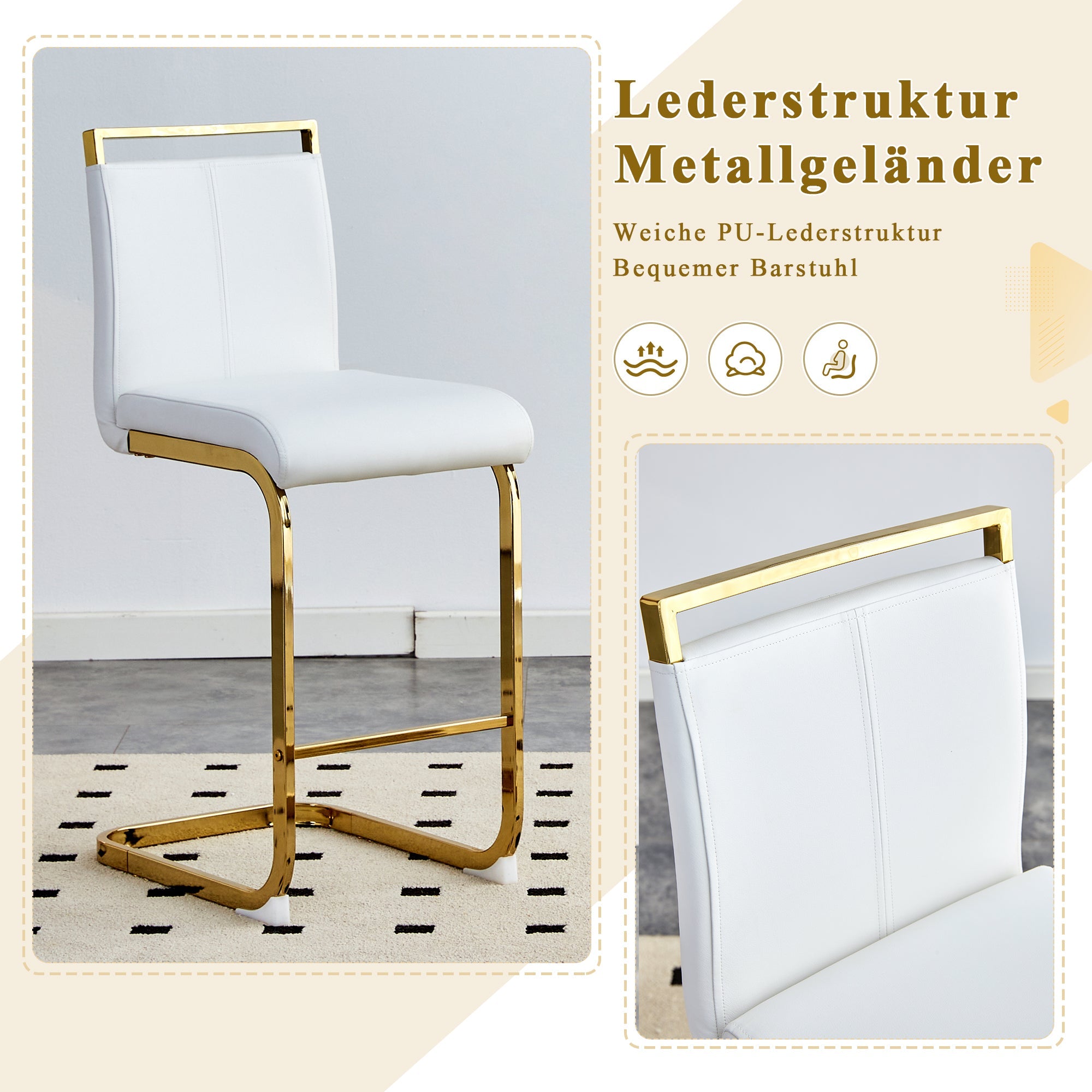 Bar Stools Set of 2 Nordic Style Gold Metal Legs - White Faux Leather