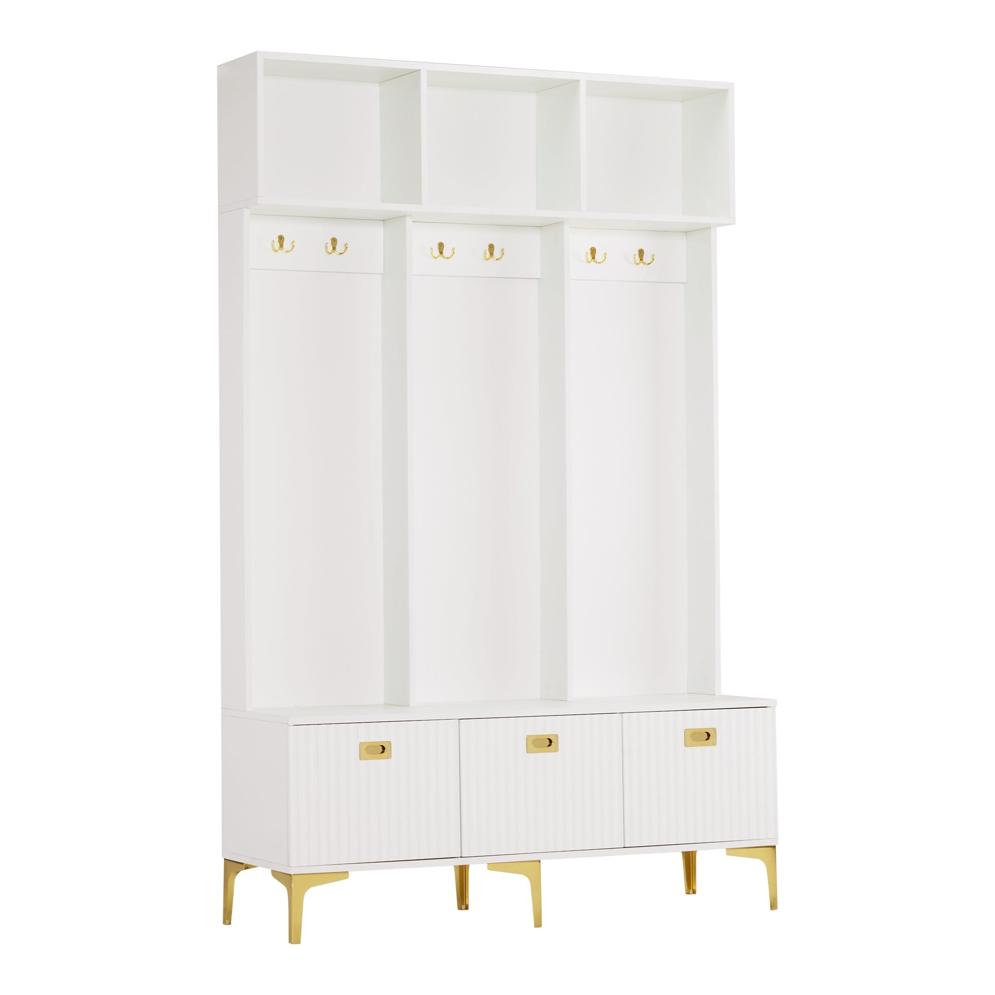 Wardrobe Set with Bench, Multifunctional Storage, 6 Hooks, White