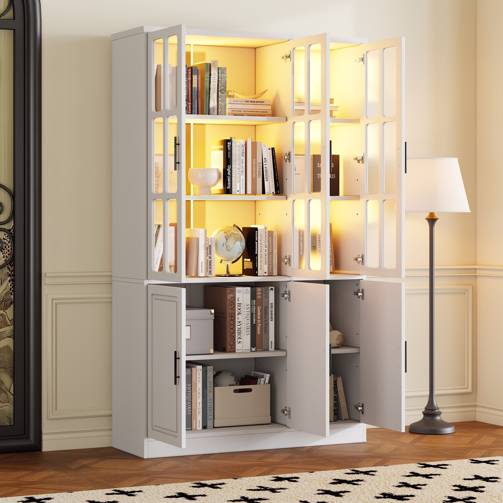 Standing Display Cabinet with 6 Doors and LED Lighting, White