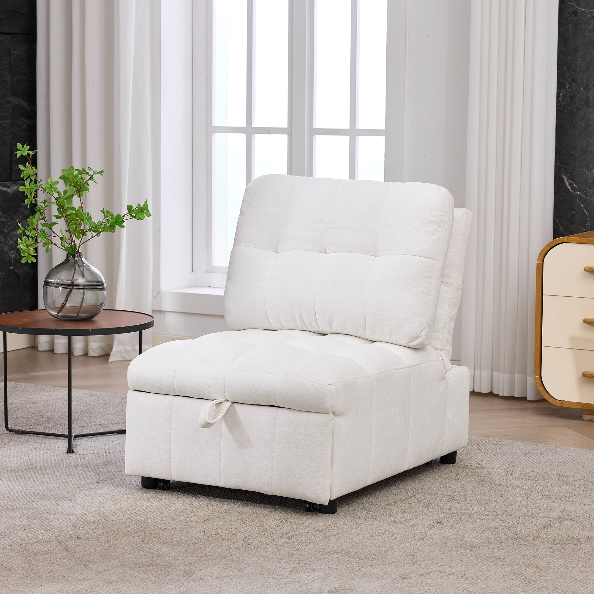 Sleeper Sofa with Adjustable Backrest and Foldable Pull-Out Design, White