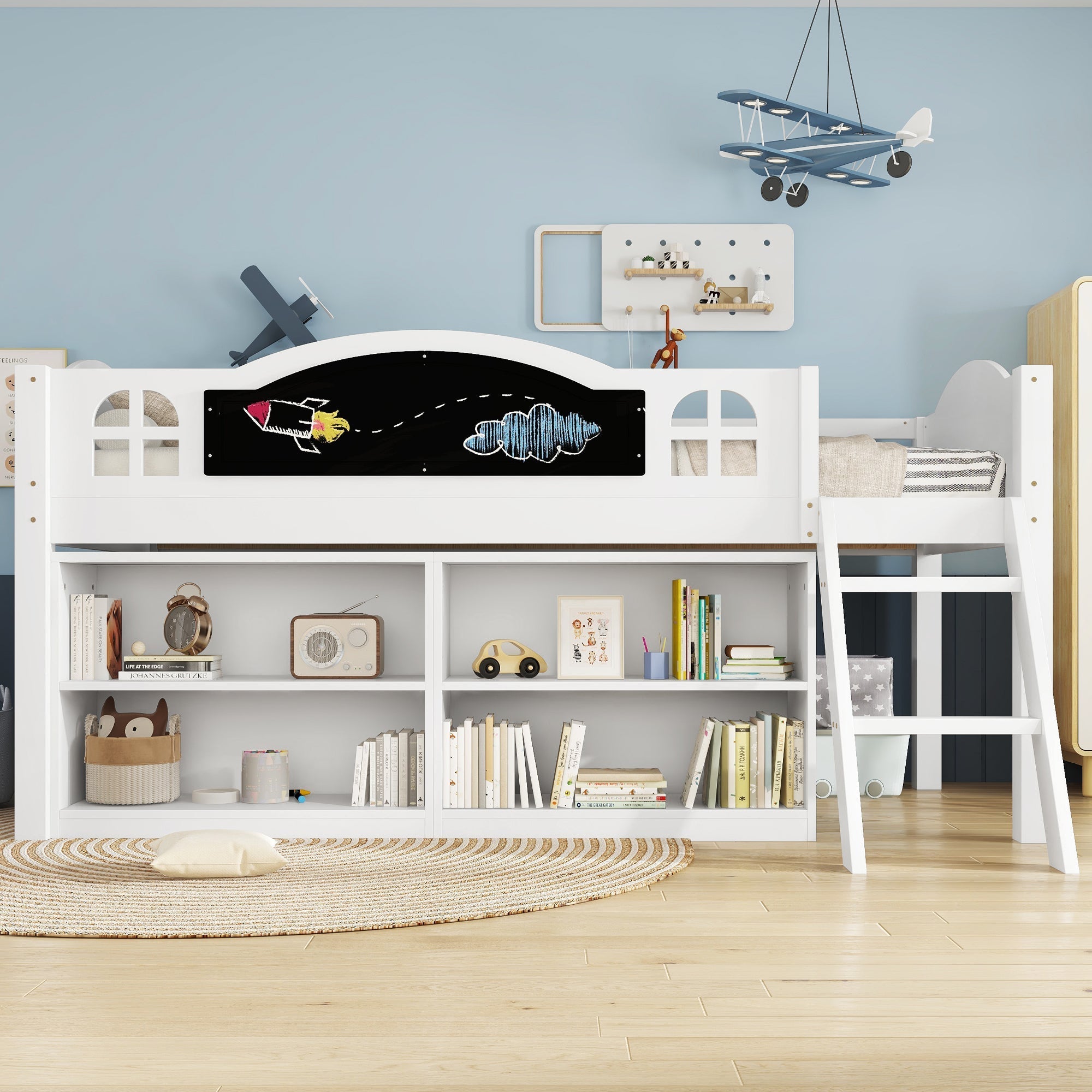 Wooden Storage Bed, 3ft Single with Blackboard and Staircase, White Pine/MDF