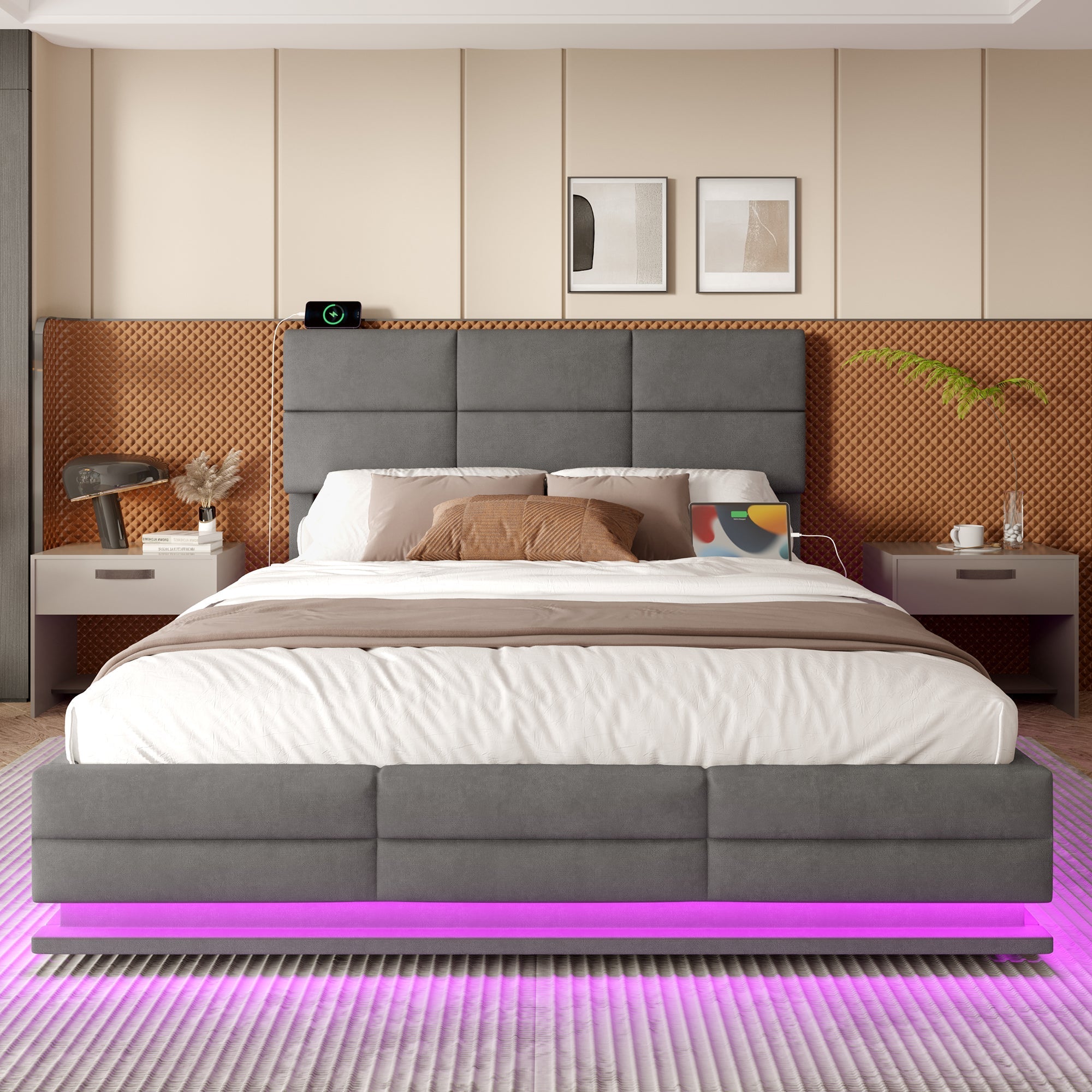 Upholstered Bed 160x200cm Hydraulic Storage Adjustable Headboard LED USB/Type-C - Velour Grey