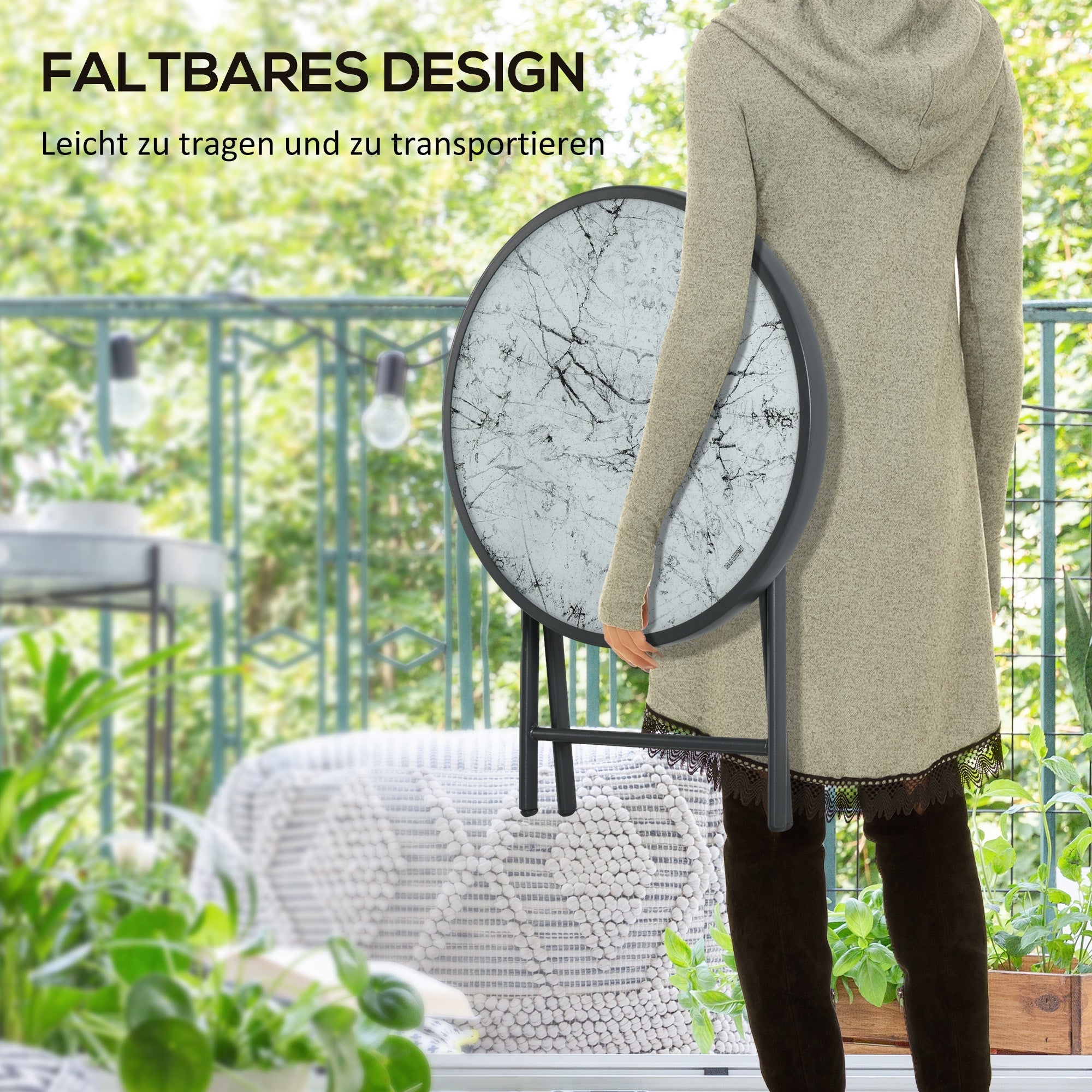 Folding Side Table, Round Glass Marble Look 45x50cm, White