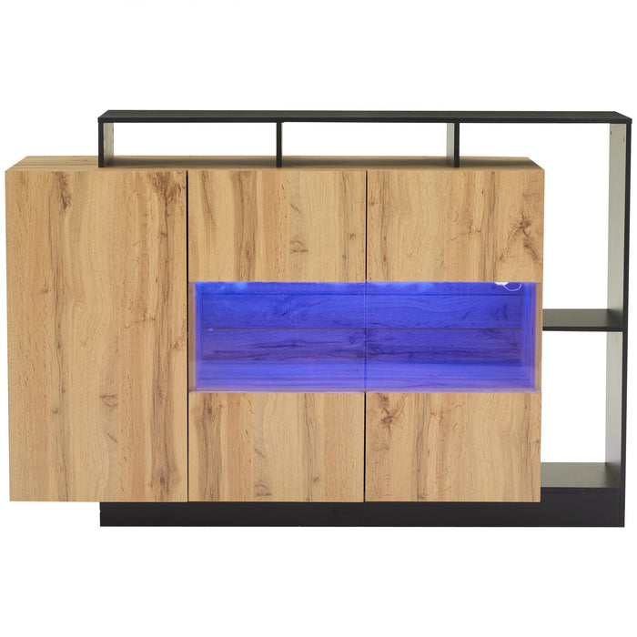 Modern LED Sideboard, Glass Dining Cabinet with Bluetooth Control, Wood Color MDF