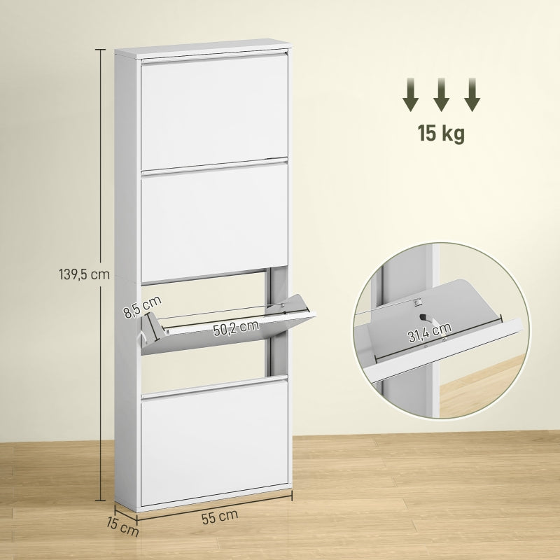 Metall-Schuhschrank, schmal, 4 Türen, weiß