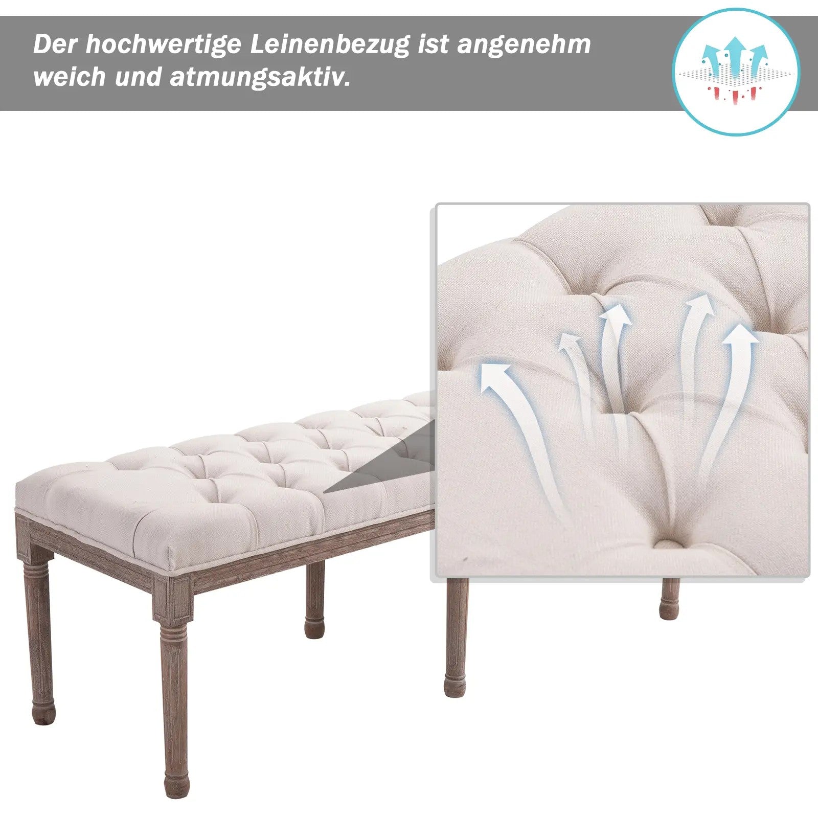 Upholstered Bench Lounge Stool with Buttons, Linen Wood, Beige