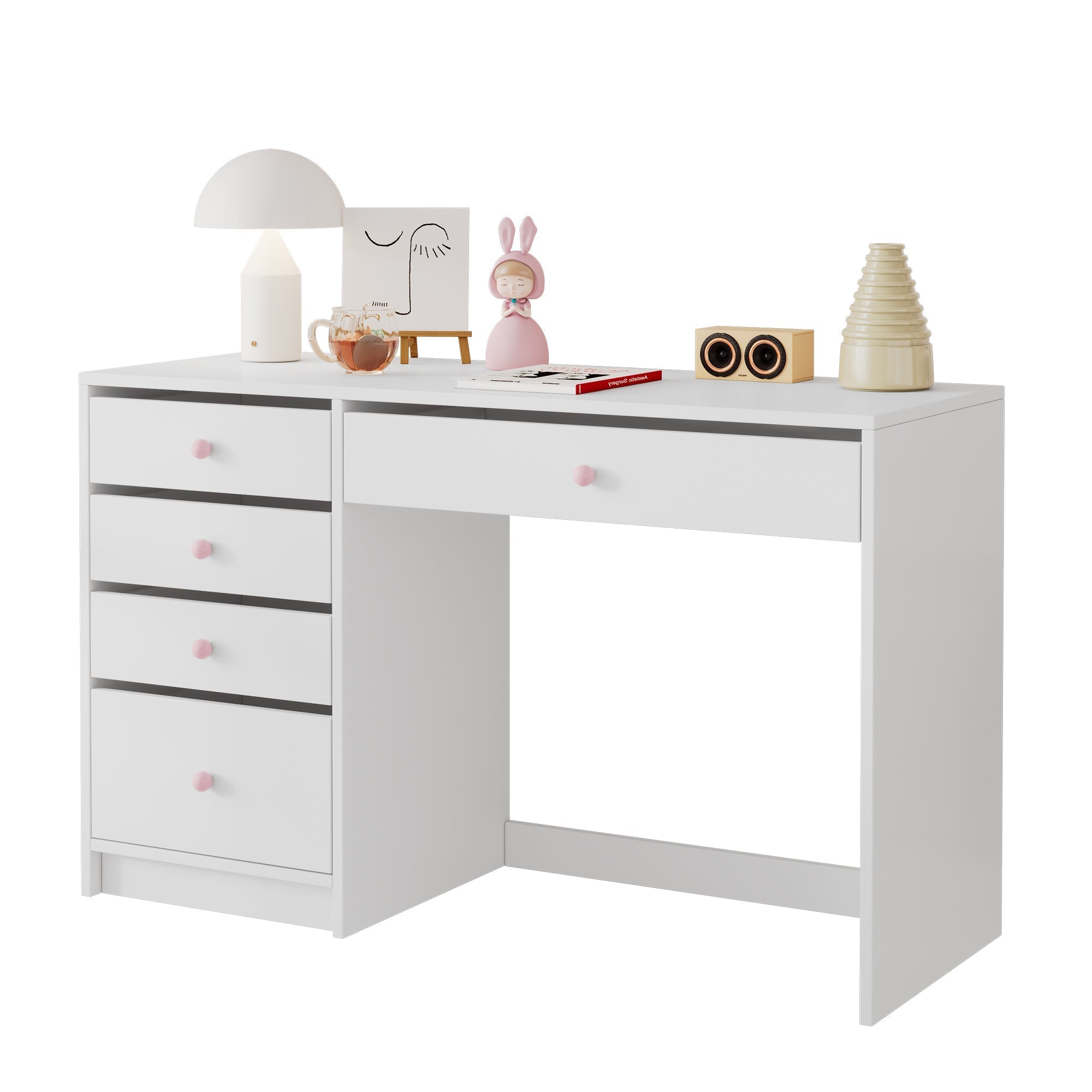 Desk Children's/Computer Dressing Table 5 Drawers Pink Ceramic Handles, White
