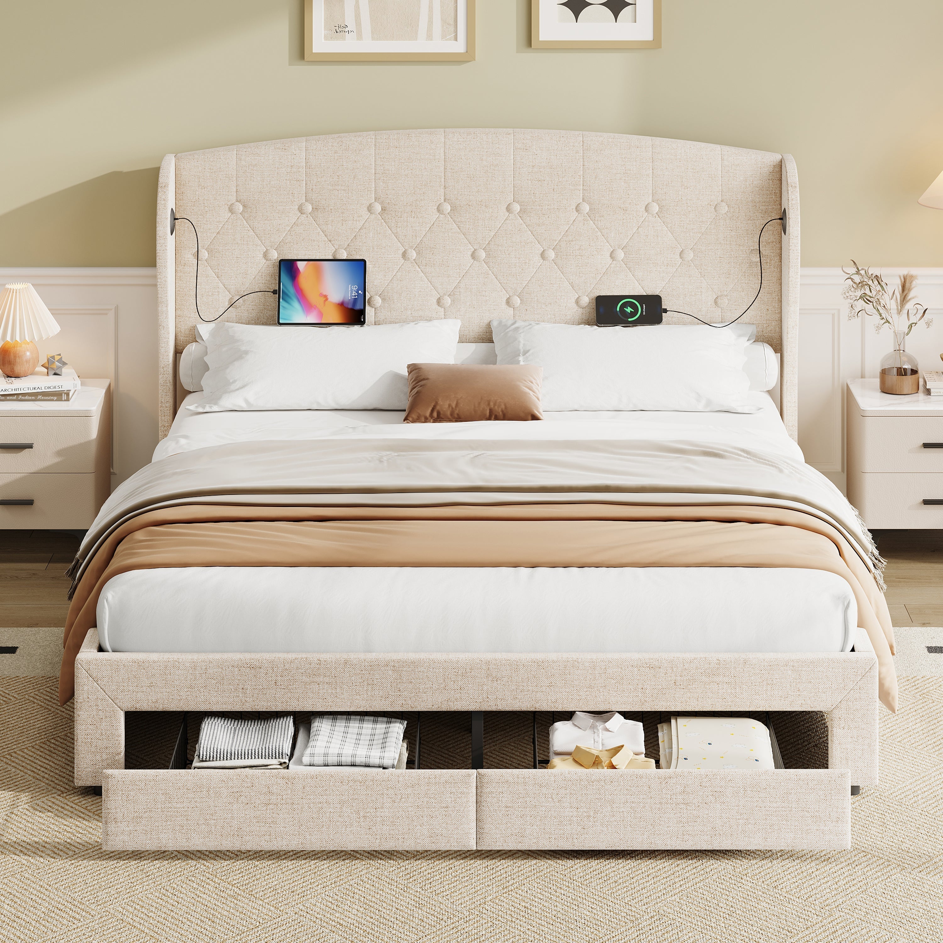 Double Upholstered Bed with Hydraulic and Drawers Storage, Charging Station, Linen, Beige