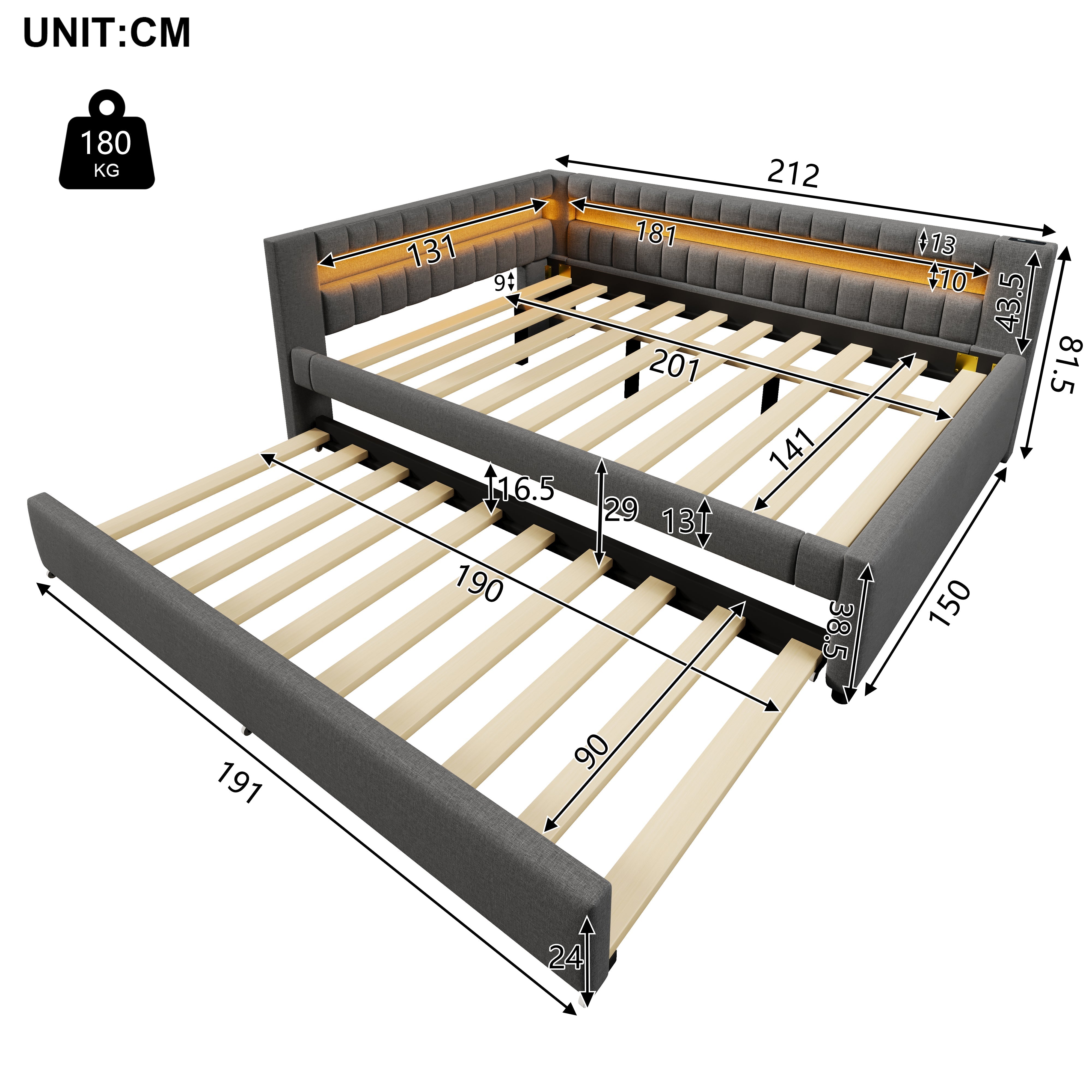 Daybed Sofa Bed 140x200cm Pull-out Bed LED USB/Type-C Linen Grey