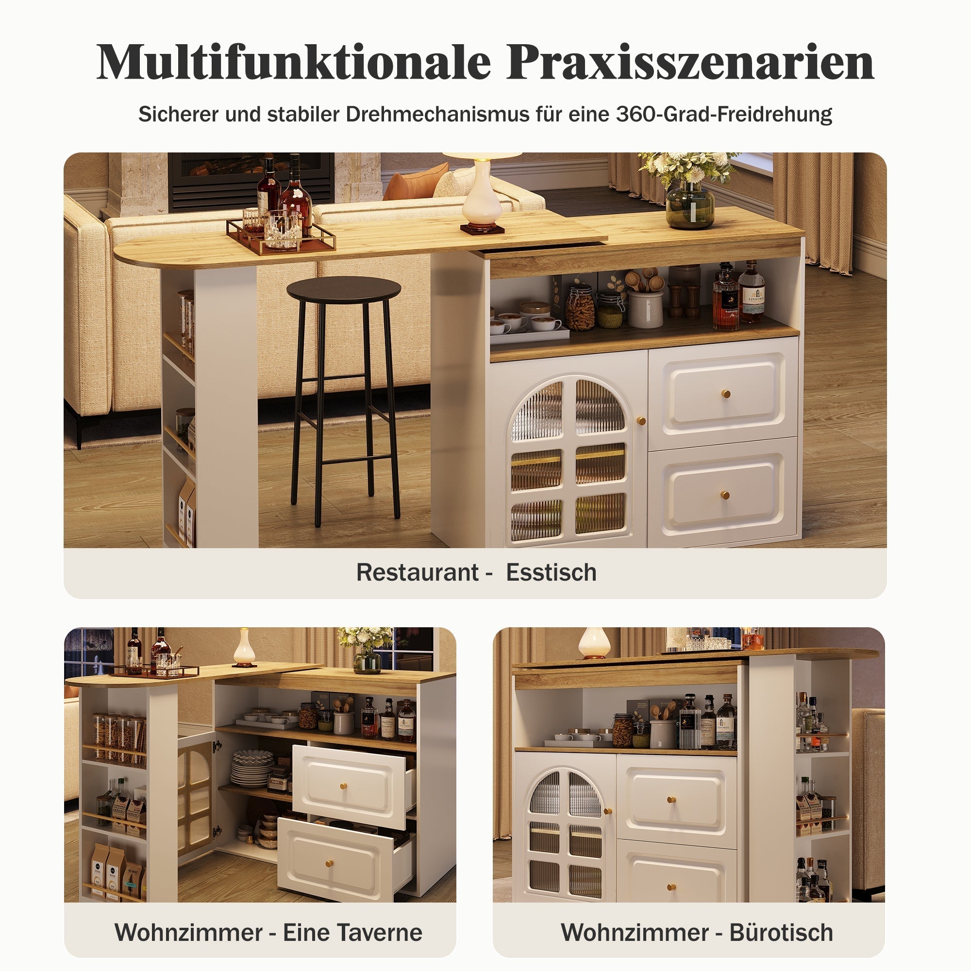 Rotating Dining Bar Sideboard 360° Swivel with 2 Drawers Snack Shelf Curved Glass White