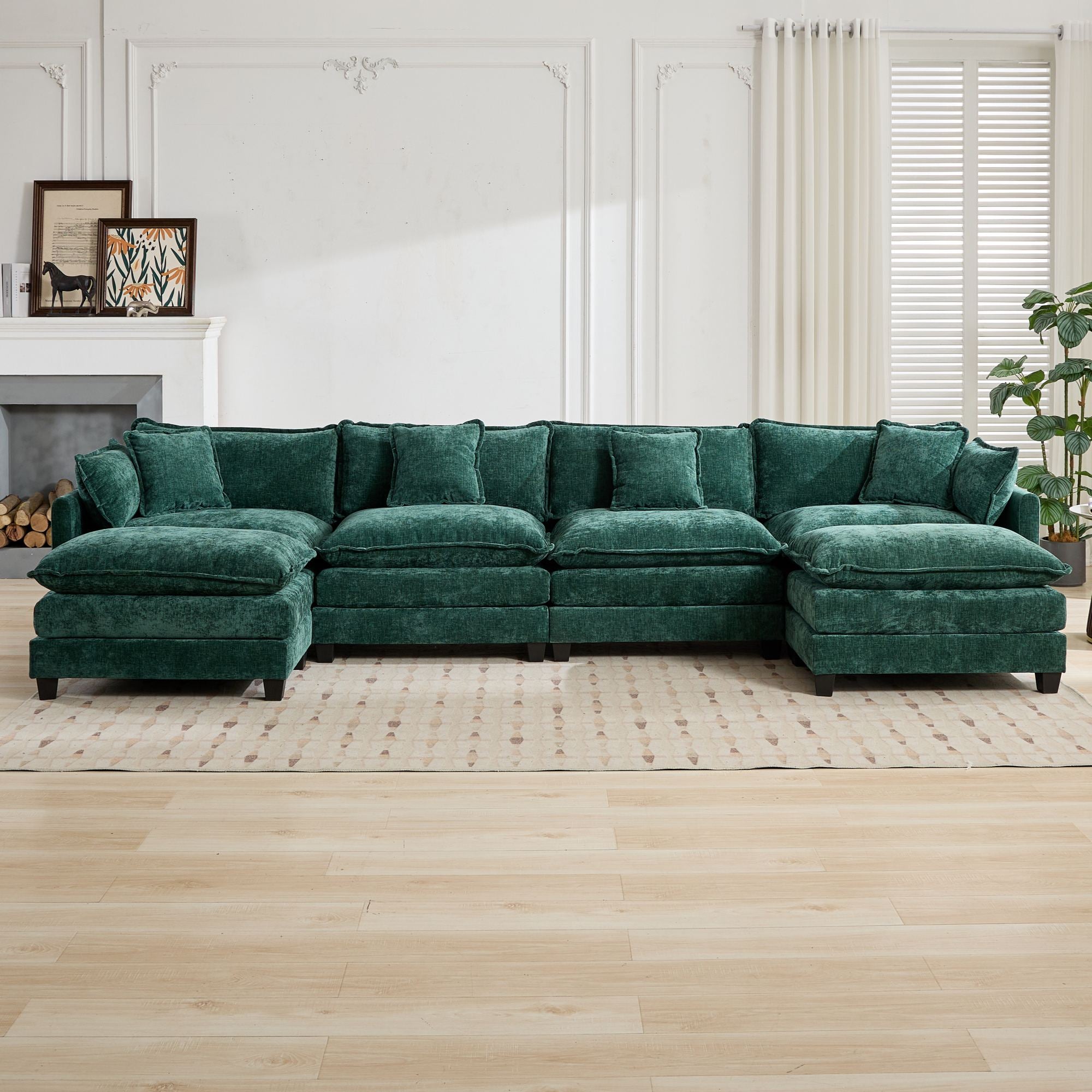 Cloud Sofa 4 Seats, Modern Modular Sectional Couch with Double Layer Upholstered Cushions, Green Chenille Fabric
