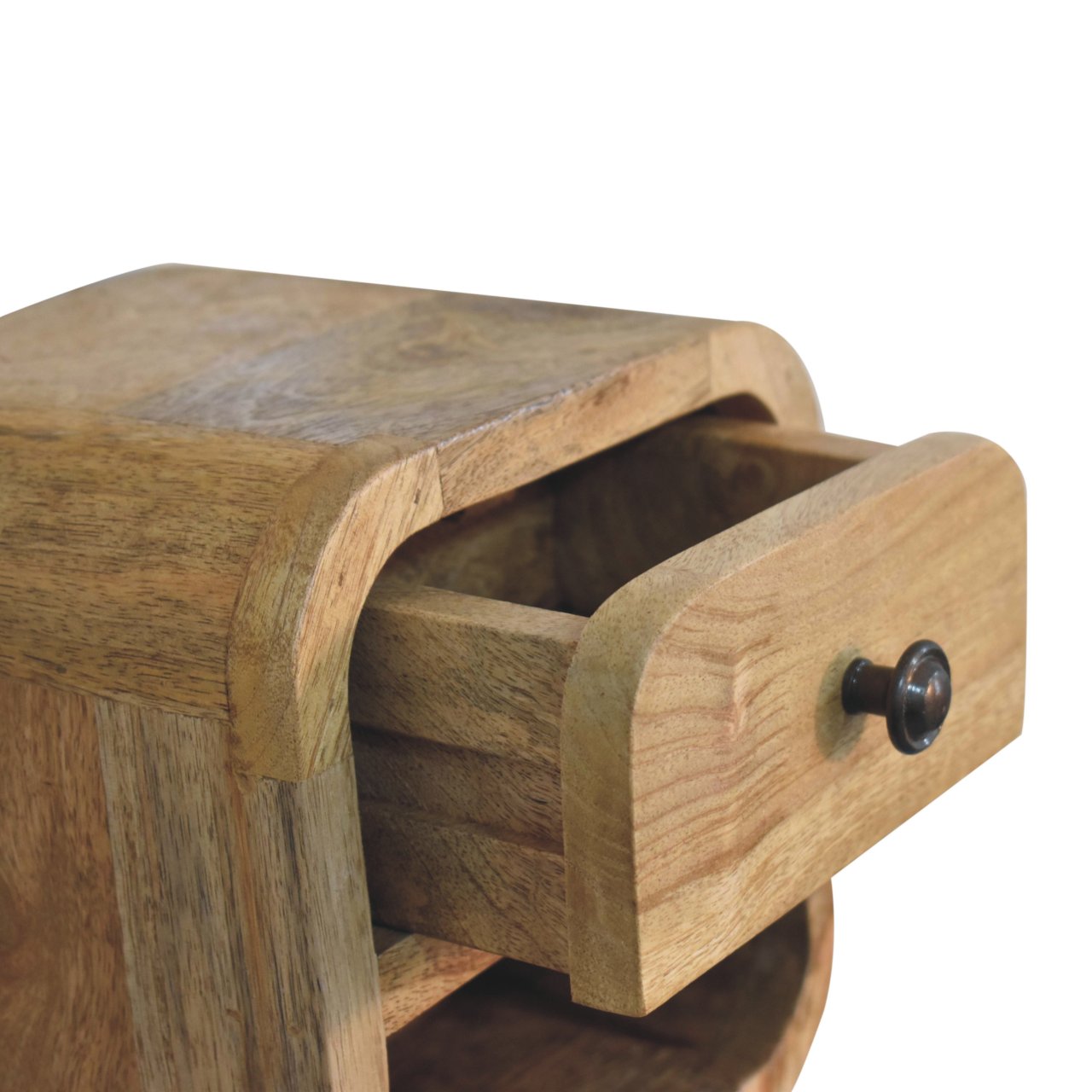 Bedside Cabinet - Extra Mini Curved with Open Slot, Drawer, and Shelf - Solid Wood Brown