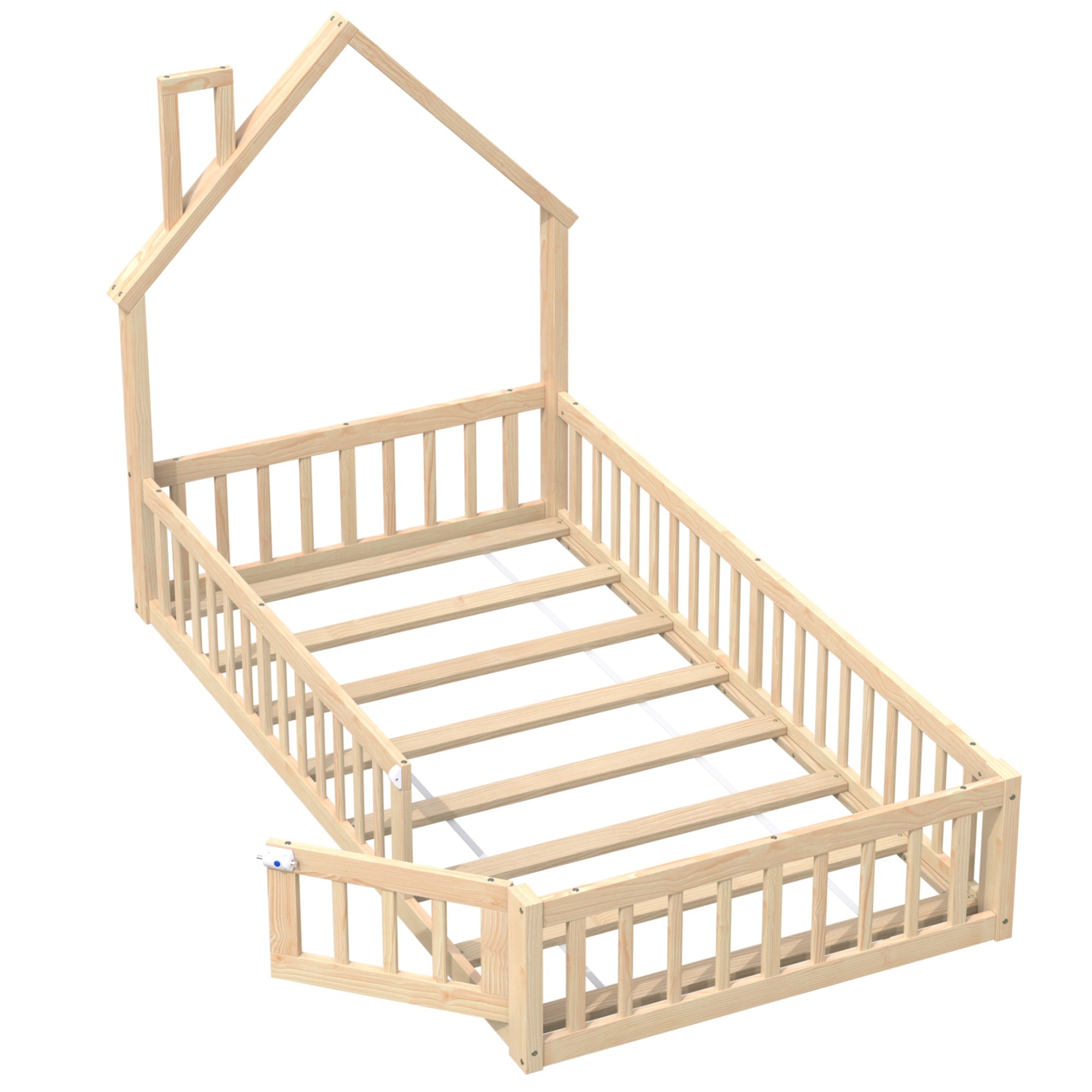 House Bed with Chimney Shape and Slatted Base, 90x200cm, Natural Pine Wood
