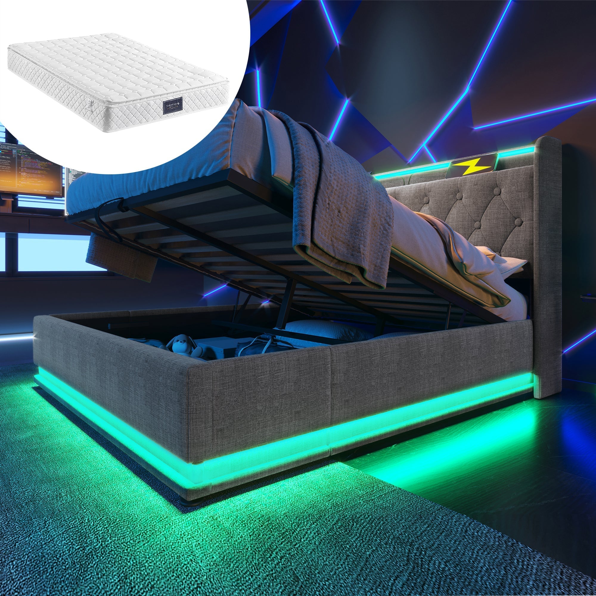 Upholstered Bed, 360 LED Hydraulic Storage with USB, Gray Linen