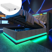 Upholstered Bed, Double, 360-Surround LED, Hydraulic Storage, USB Type-C Charging, 140x200 cm, Gray Linen