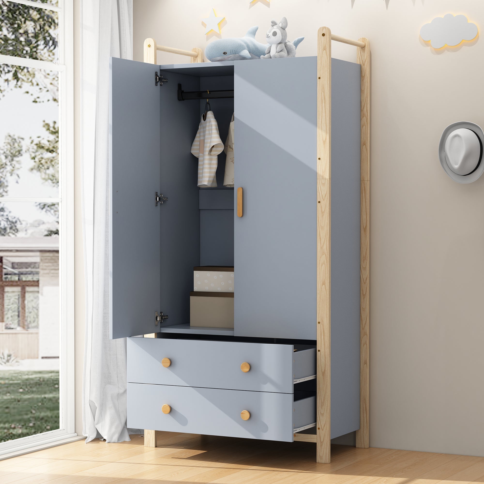 Wardrobe 2-Door with Clothes Rail and 2 Drawers, Blue Chipboard + Pine Frame