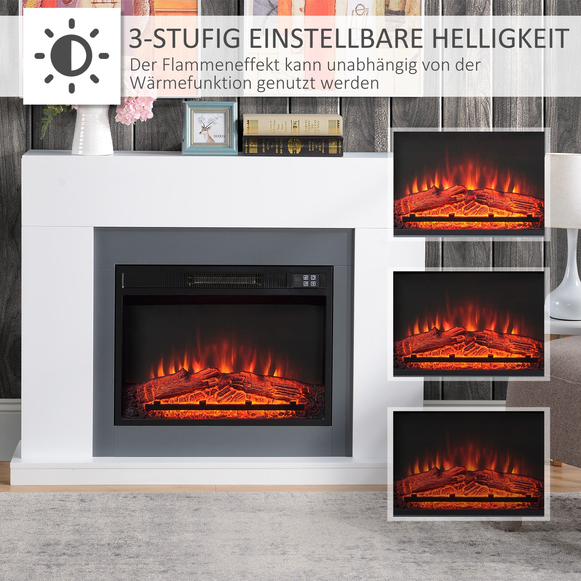 LED Electric Fireplace Freestanding 1800/2000W Flame Effect Wooden Frame - White MDF
