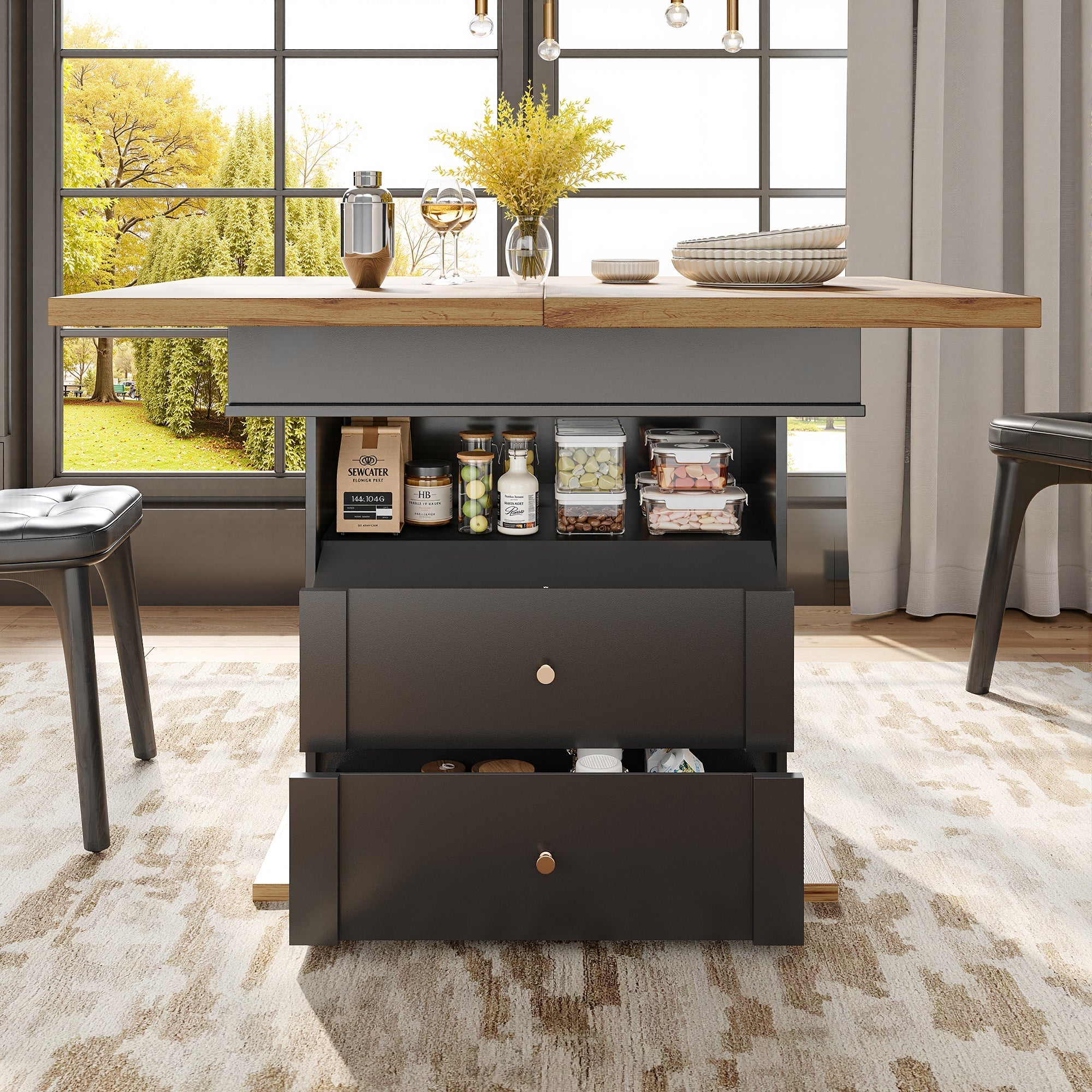 Telescopic Dining Table 110-140x80cm Foldable Extendable 4-6 Seater, Black