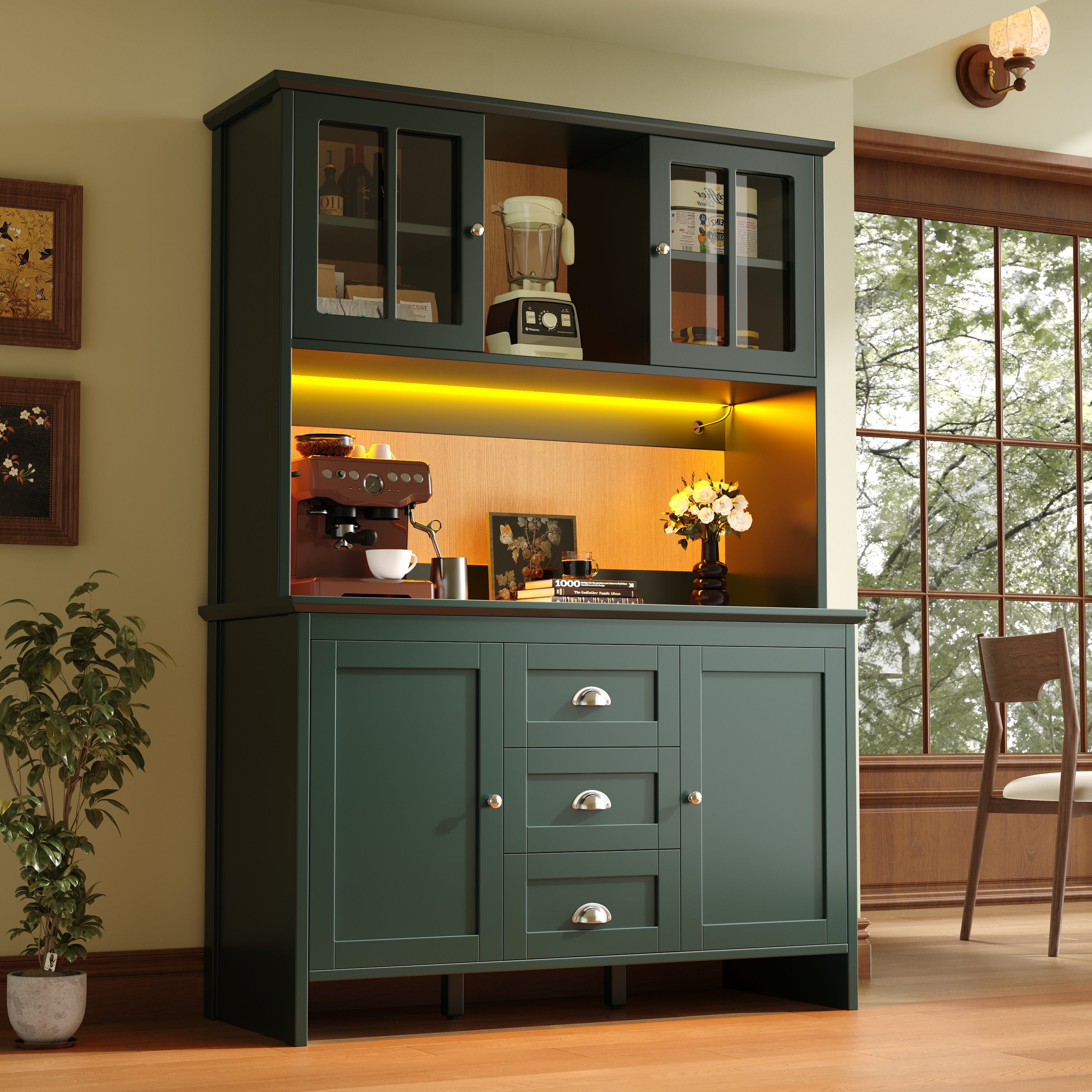 Tall Kitchen Cabinet Sideboard with Brown Glass Doors and LED Lighting, Green