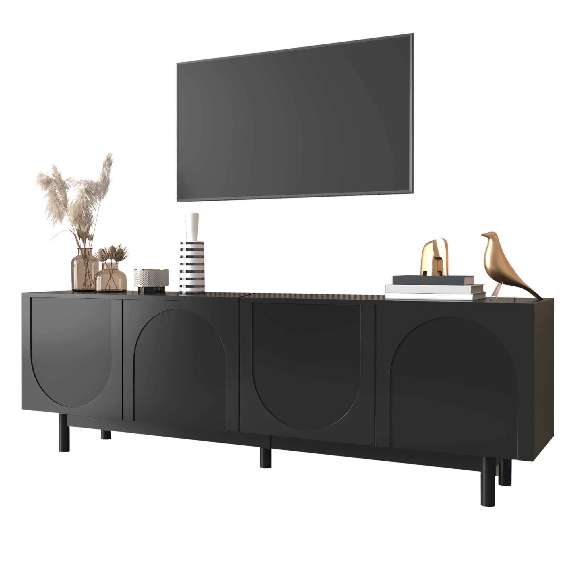 TV Cabinet 175cm Adjustable Shelves Lowboard Black