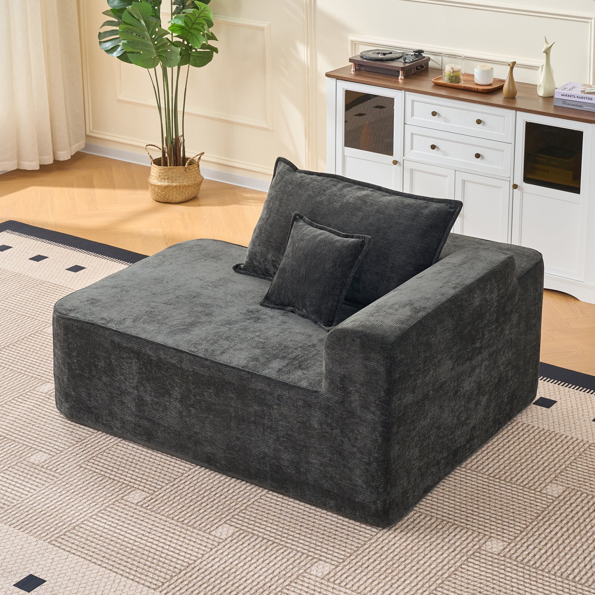 Chaise Longue Sofa with Cushions and Side Pockets, No Assembly, Black