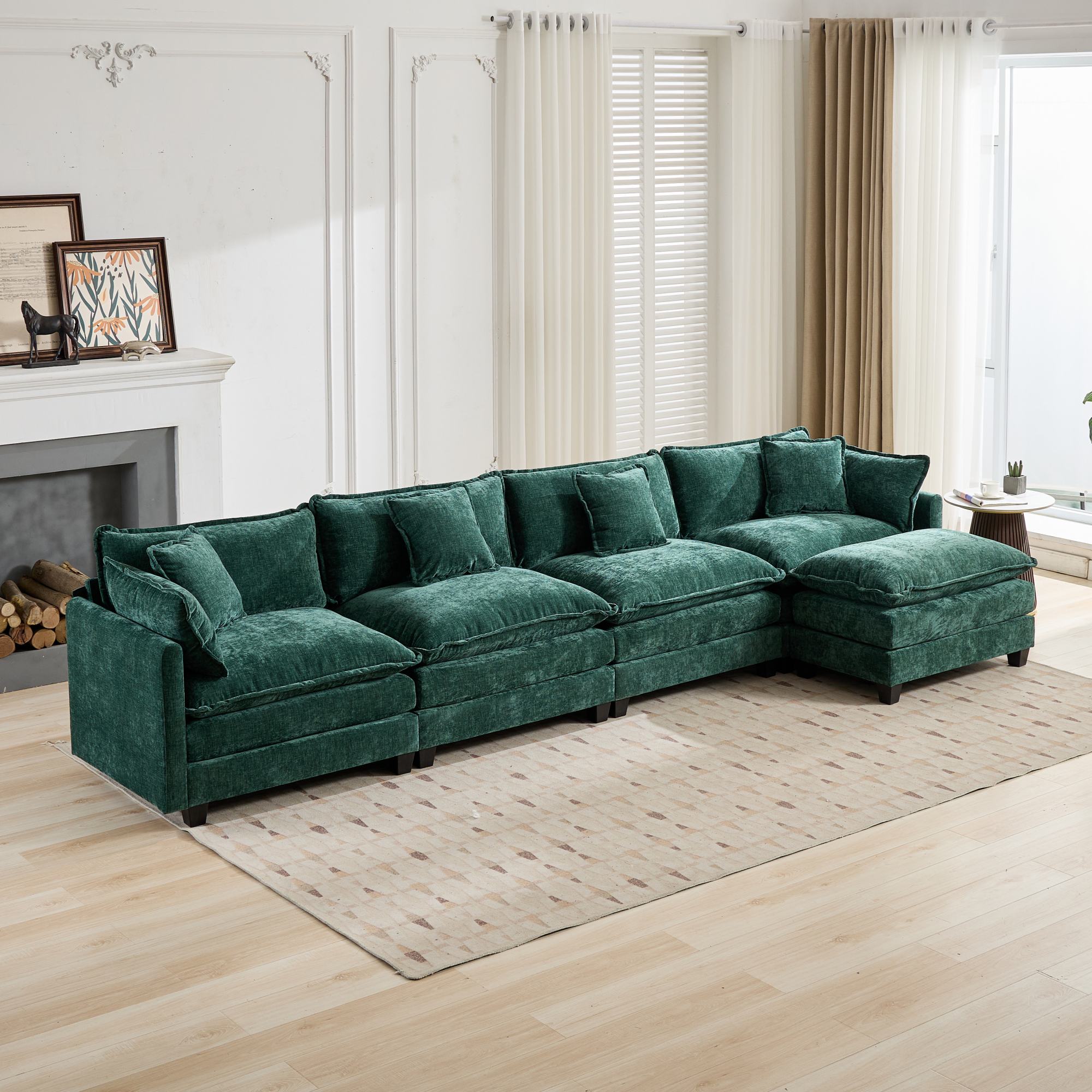 Cloud Sofa 4 Seats, Modern Modular Sectional Couch with Double Layer Upholstered Cushions, Green Chenille Fabric