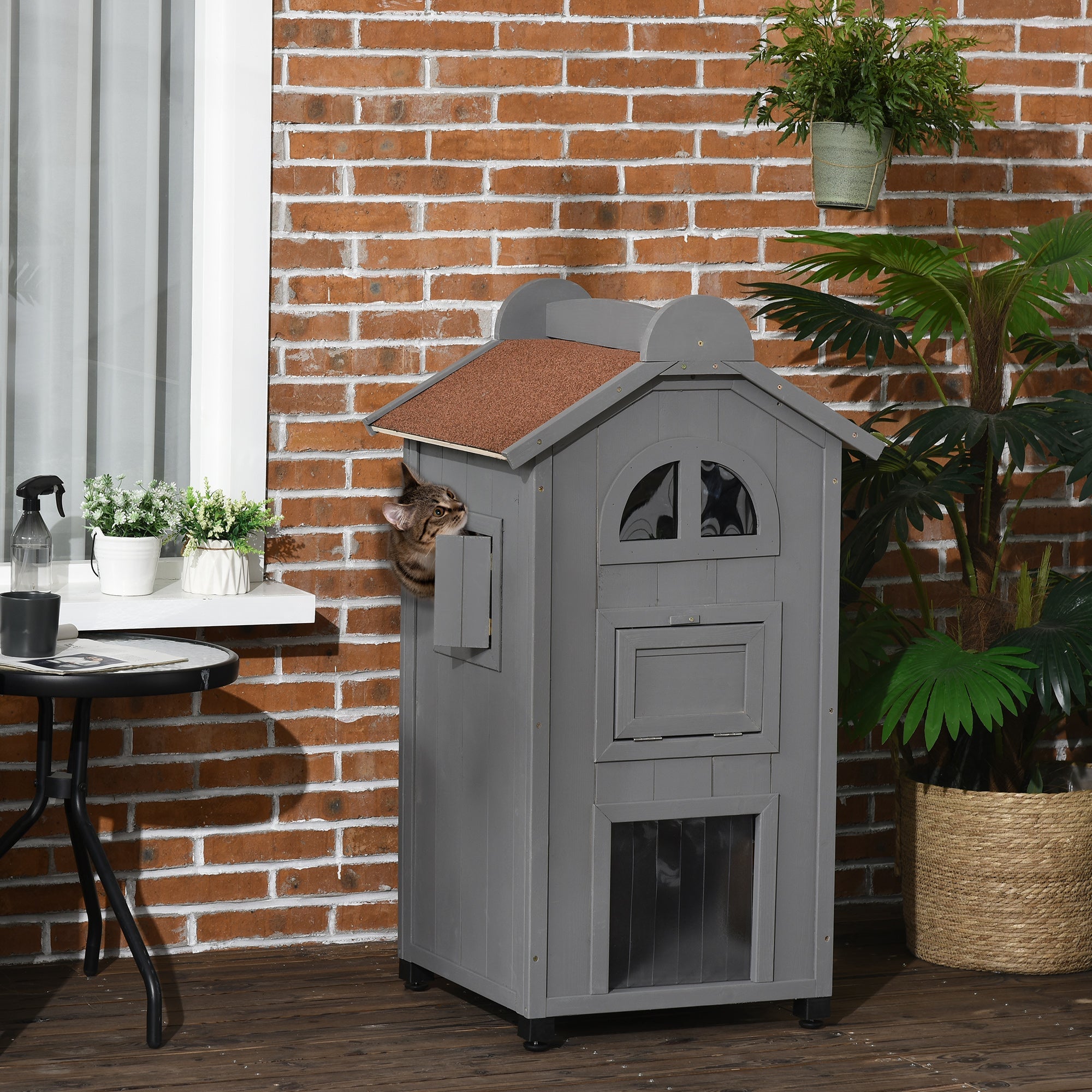 Cat House for Cat Bed or Litter Box, Fir Wood, Grey