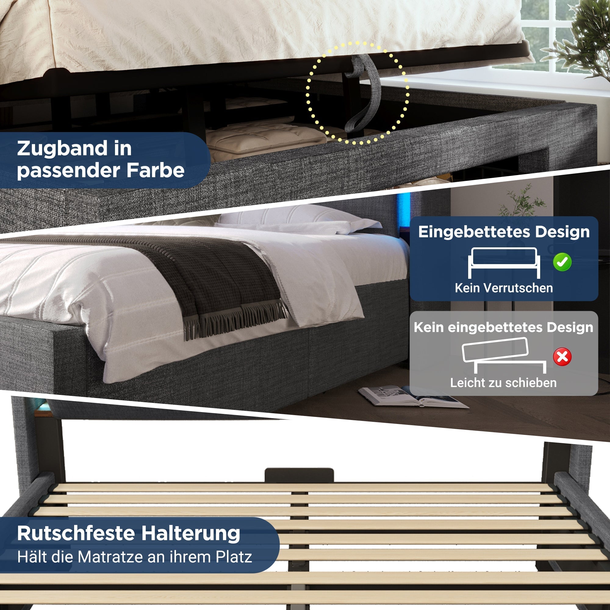 Upholstered Bed 90x200cm Hydraulic Storage Headboard with USB/Type-C & LED Grey Linen