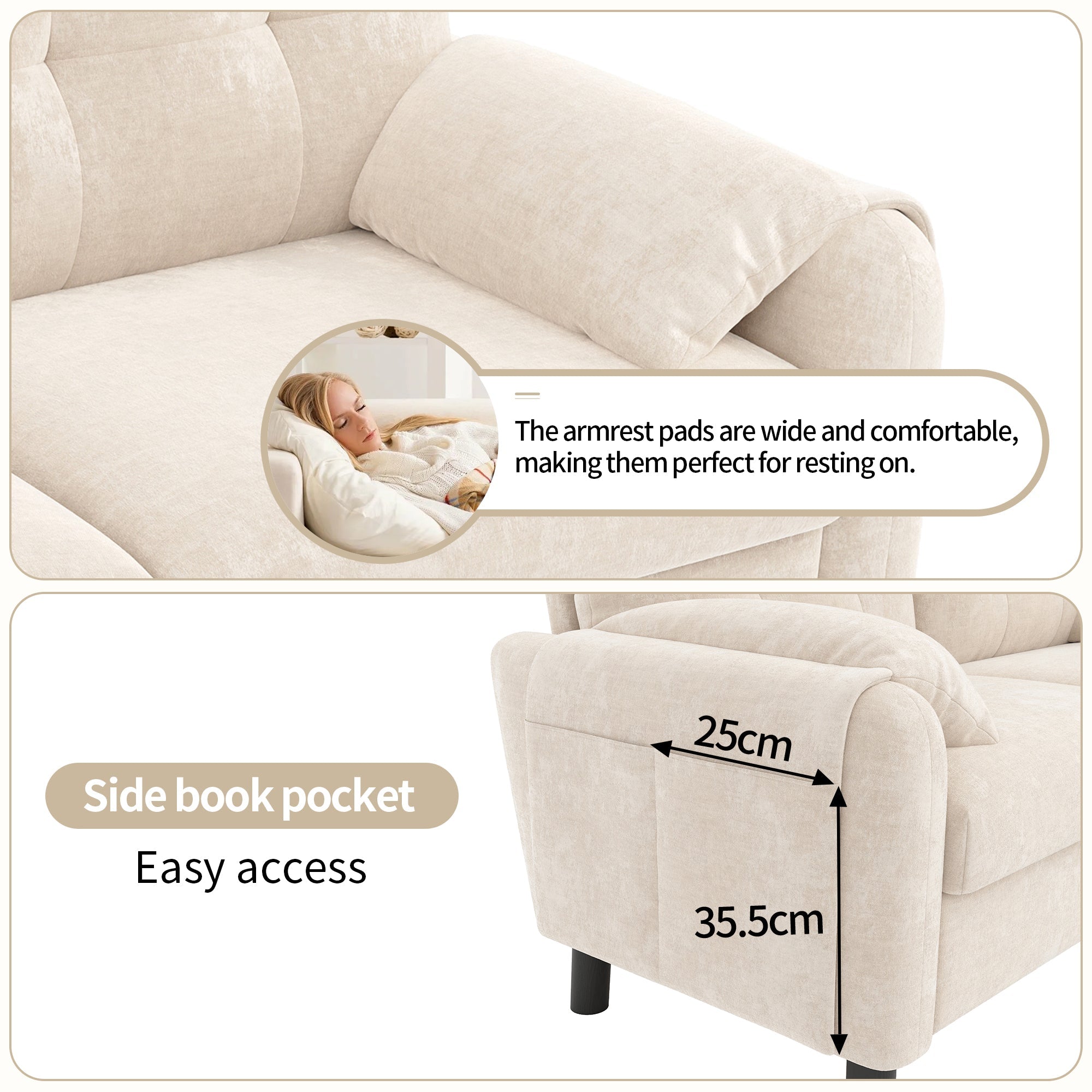 2-Seater Sofa, Comfortable Chenille Upholstered, Beige