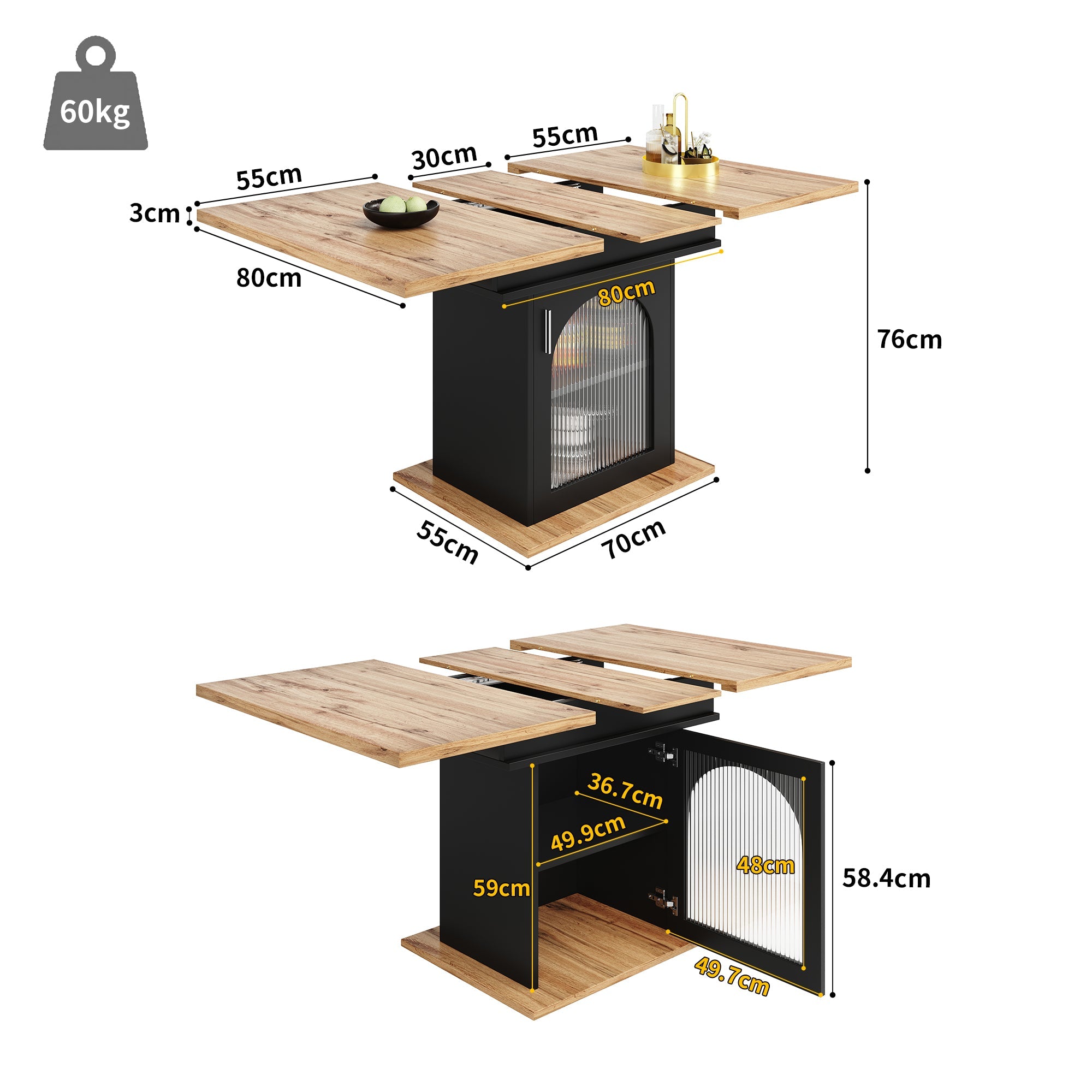Telescopic Dining Table Extendable Space-Saving Storage Shelf natural + black