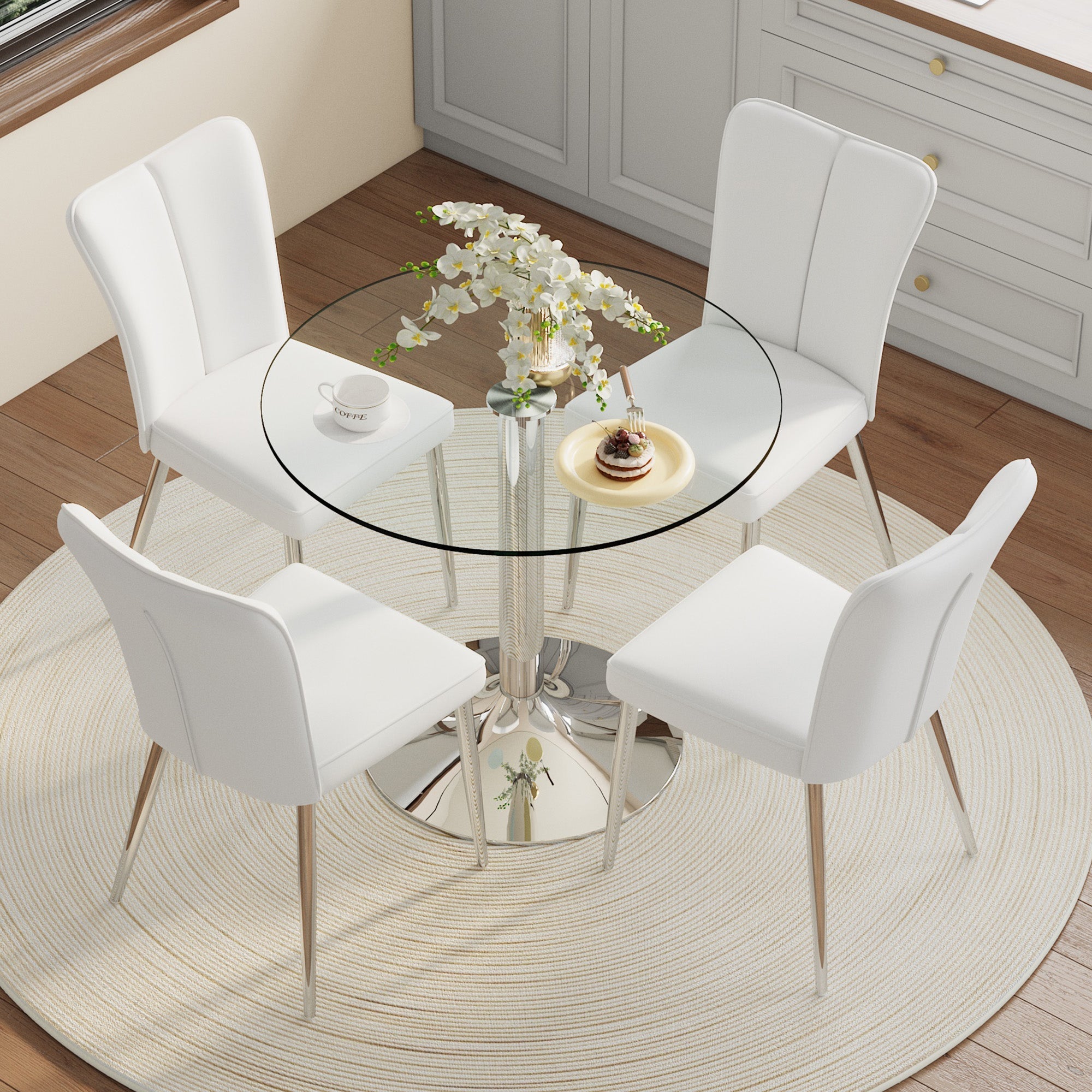 Dining Table Set Modern Minimalist 85cm Tempered Glass 4 Chairs White PU