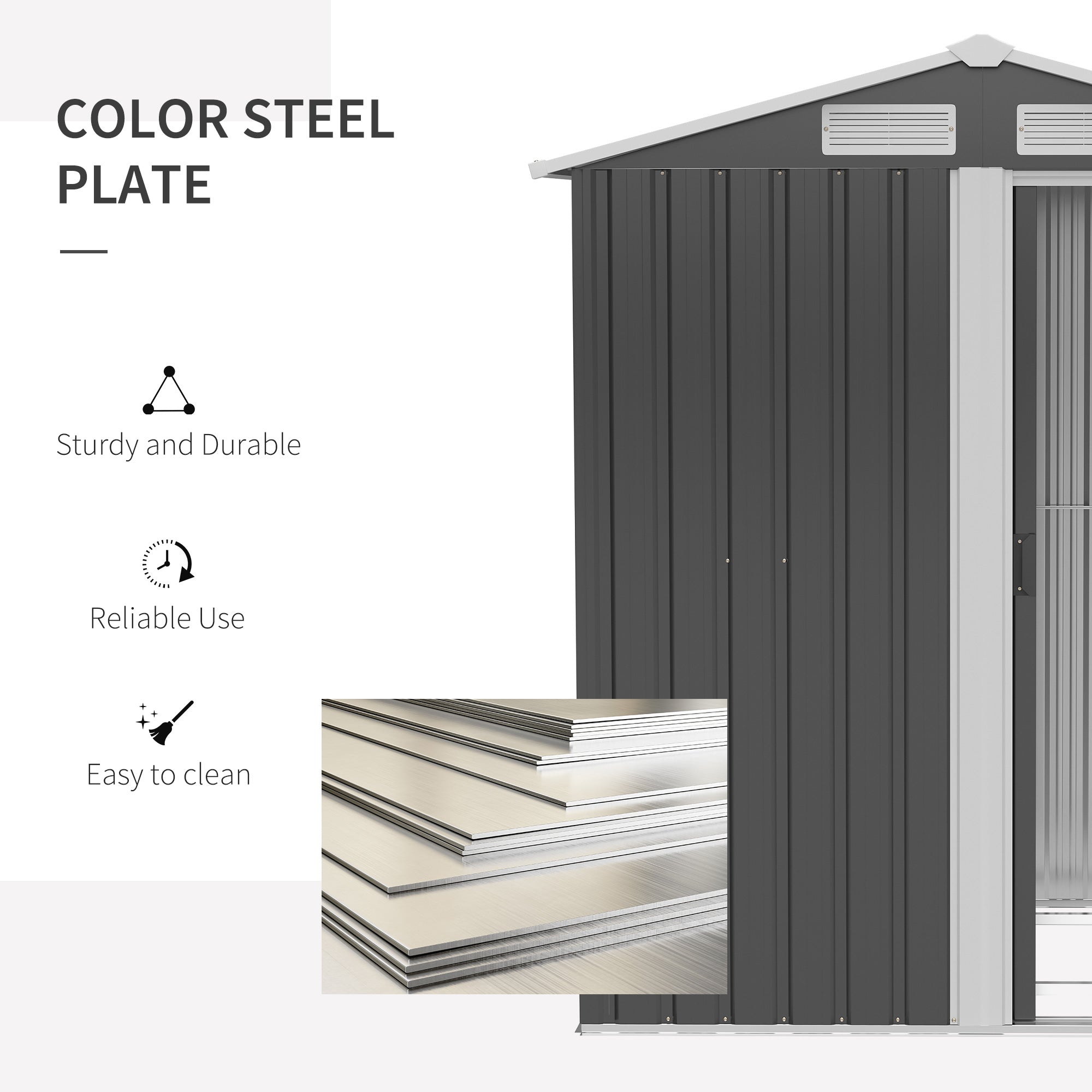 Garden Metal Tool Storage Shed with Sliding Door, Sloped Roof and Foundation Kit, Grey