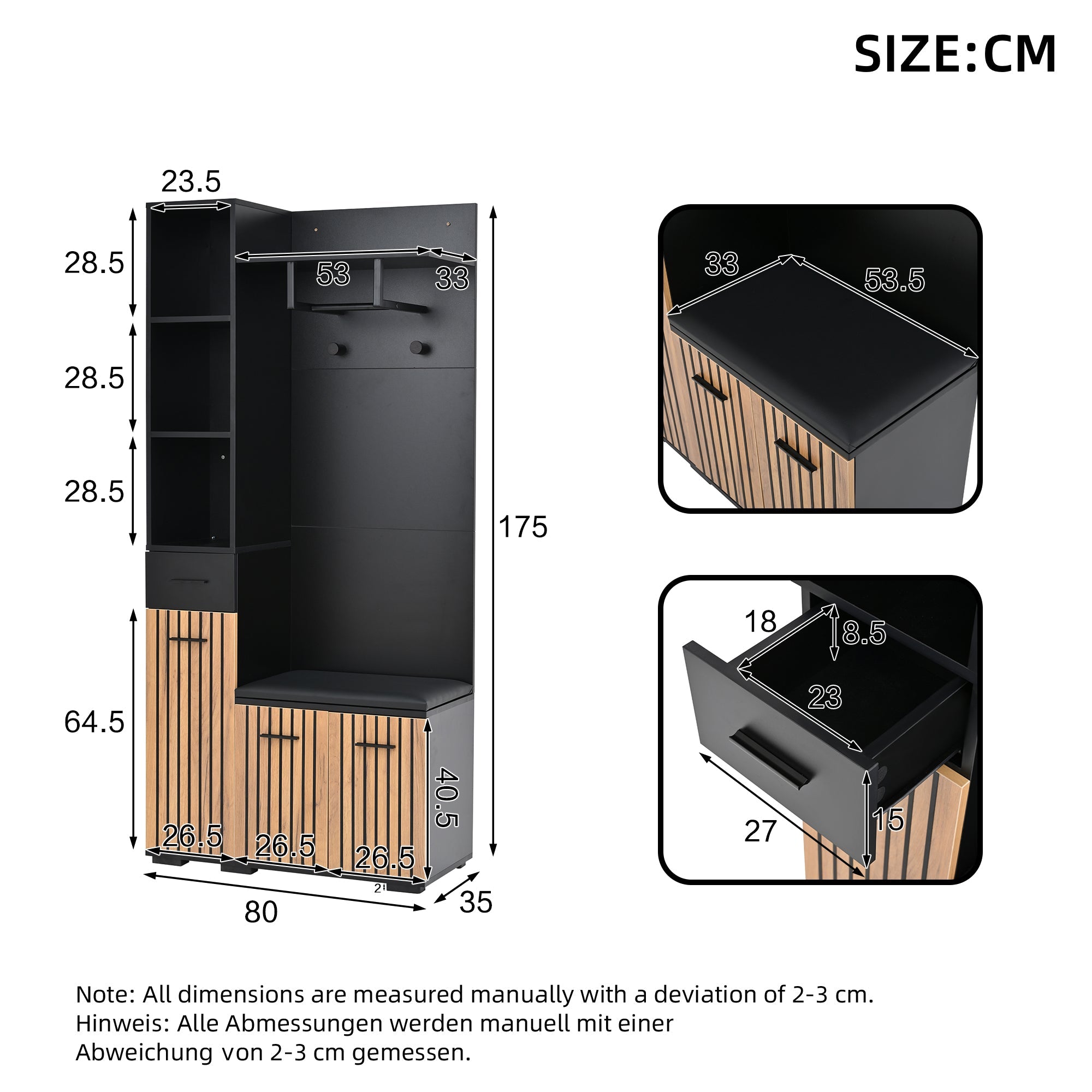 Compact Wardrobe 80*35*175cm 2 Cabinets Coat Rack Shoe Bench Upholstered, Black + Wood Color