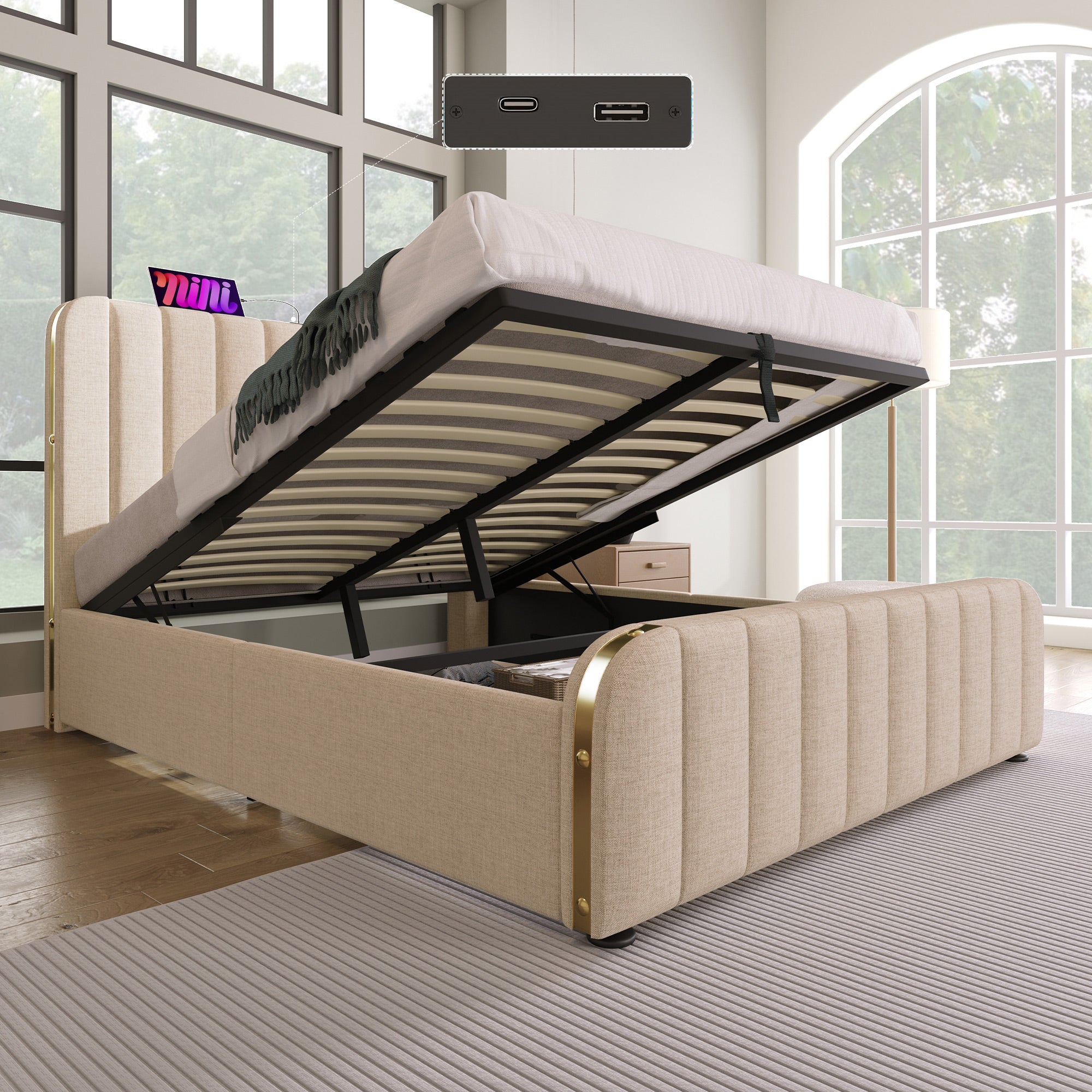 Upholstered Bed, Double Headboard with USB-C Charging, 140x200 cm, Beige Linen