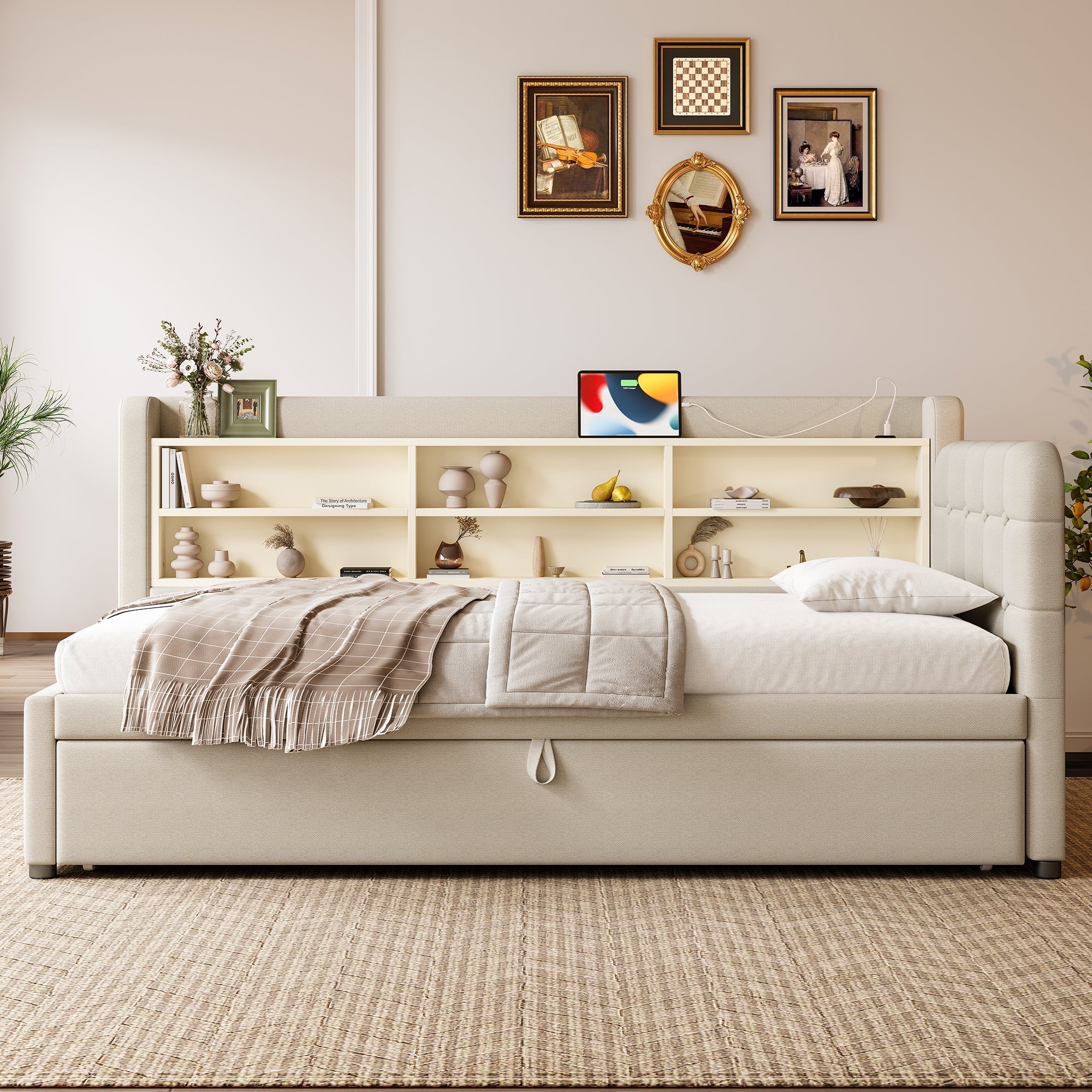 Daybed Sofa Bed 90x200cm Pull-out Bed USB/Type-C Storage Shelves - Linen Beige