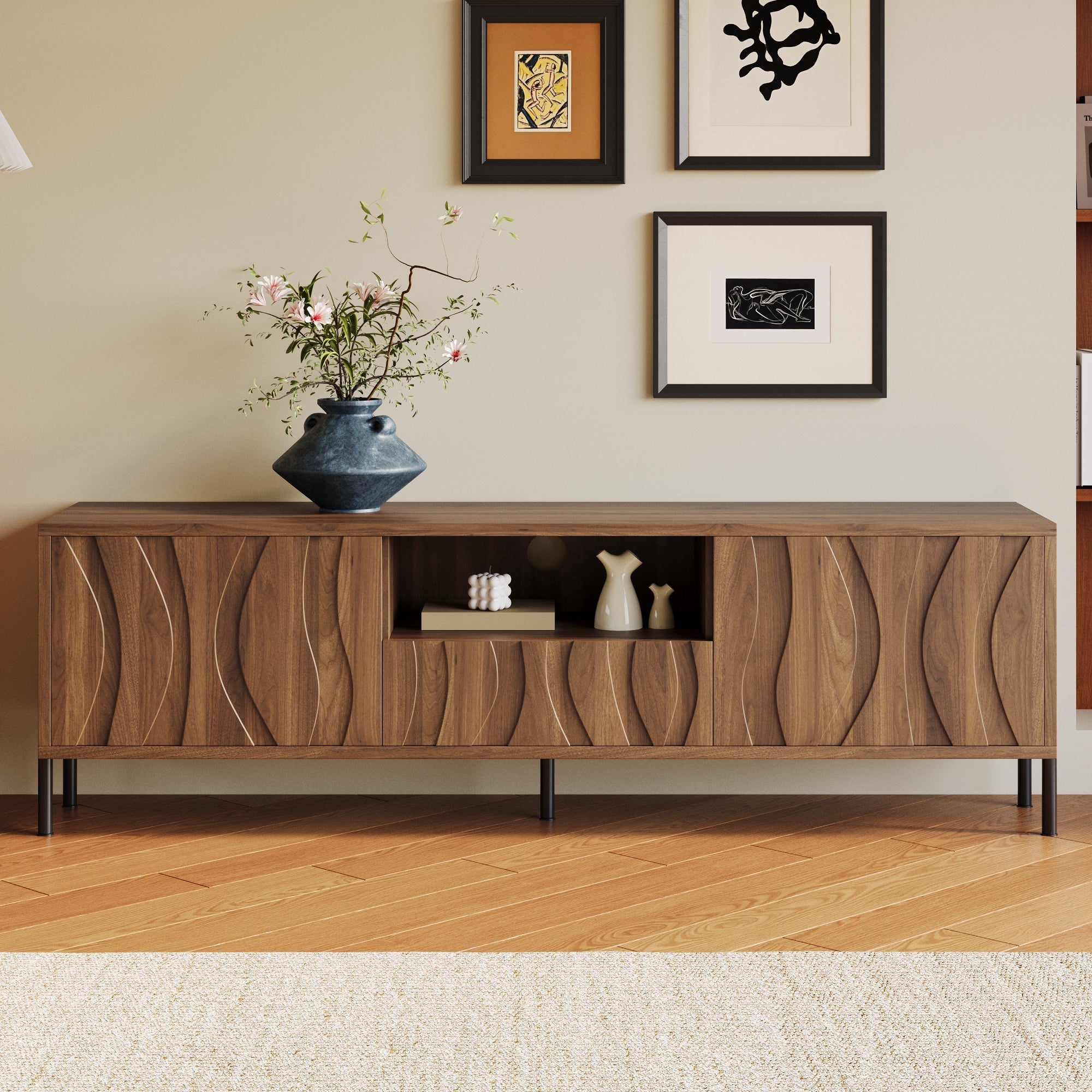 TV Cabinet with Three Doors, Low Cabinet 160x35x46cm, MDF Natural