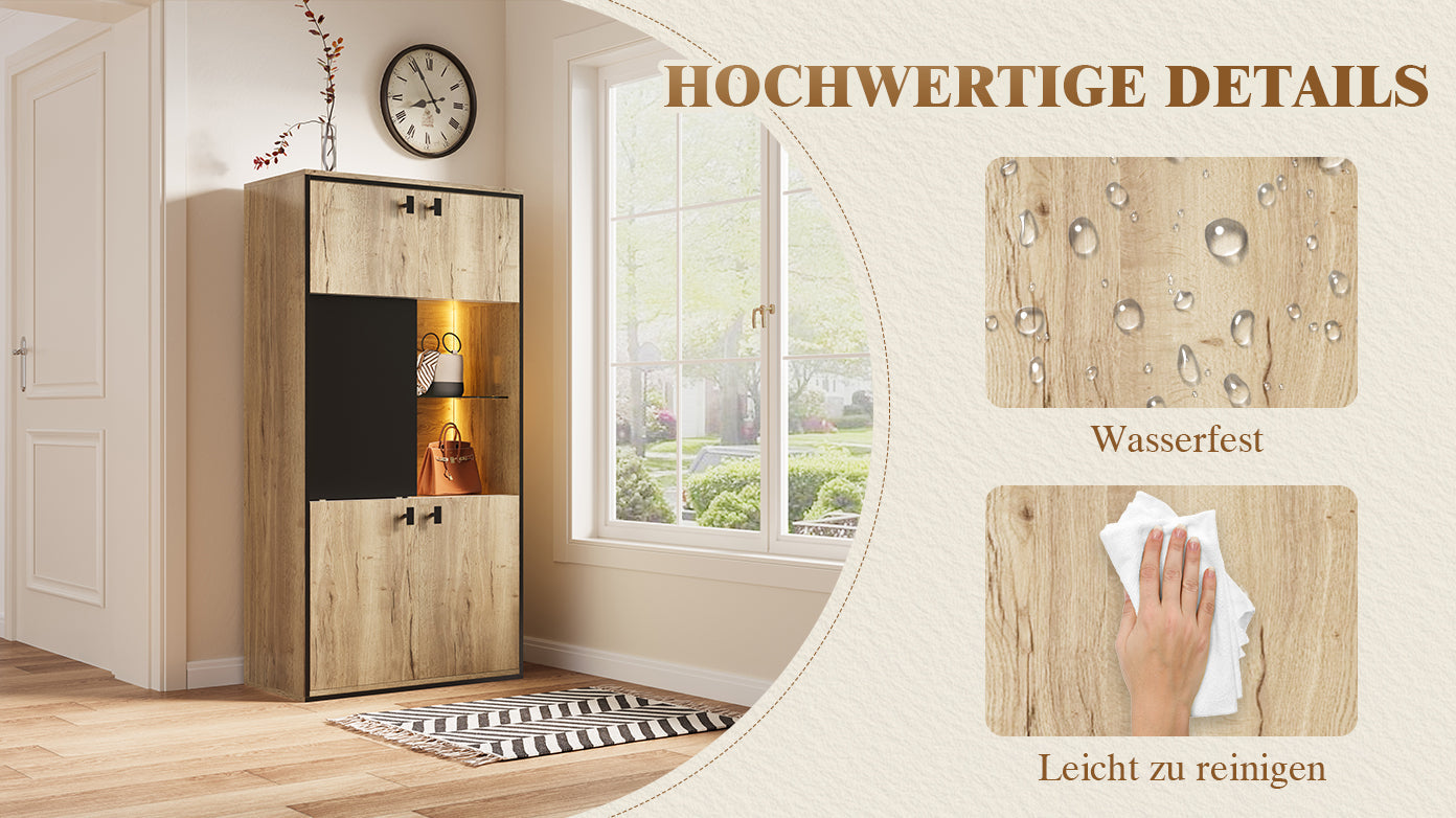 Modern Wardrobe Combination with LED Lighting and Sliding Doors, Wood Look and Black