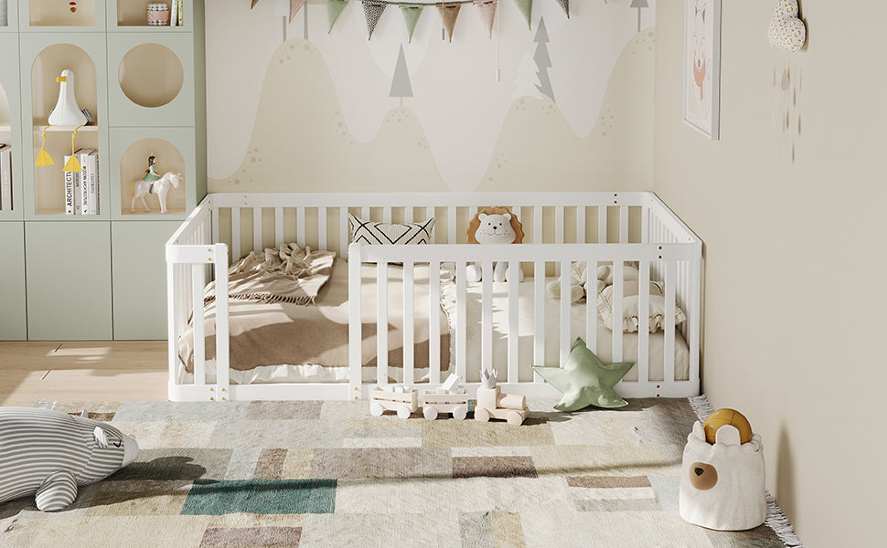 Wooden Bed Frame with Safety Fence, 90x200cm, White Pine Wood